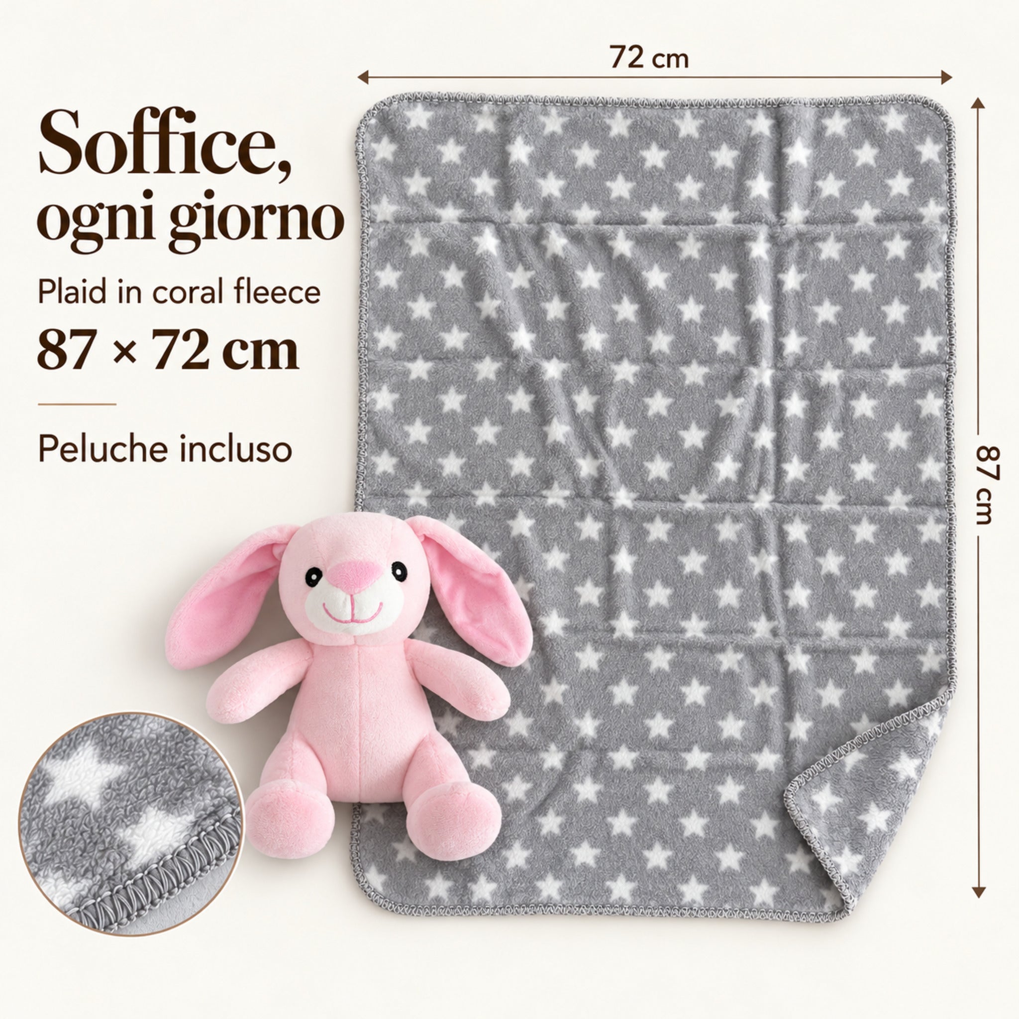 Copertina grigia a stelle bianche con peluche coniglietto rosa, misure 87×72 cm e ingrandimento del tessuto e del bordo.