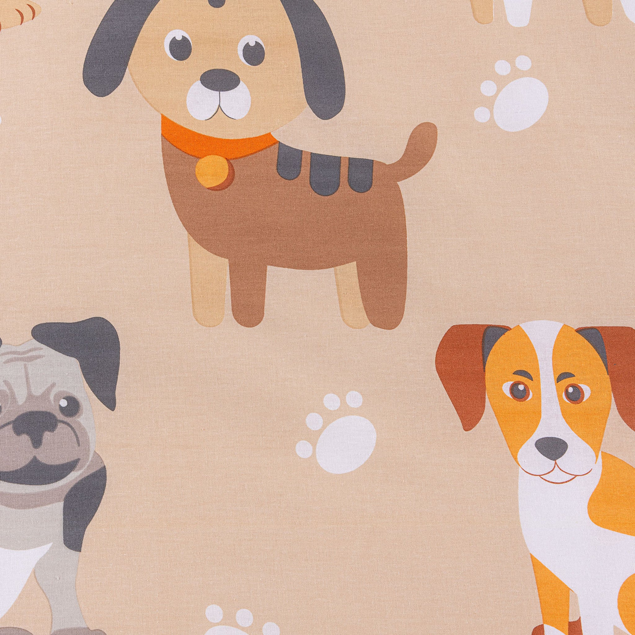 Dettaglio fantasia Cuccioli con cagnolini colorati e impronte su fondo beige naturale