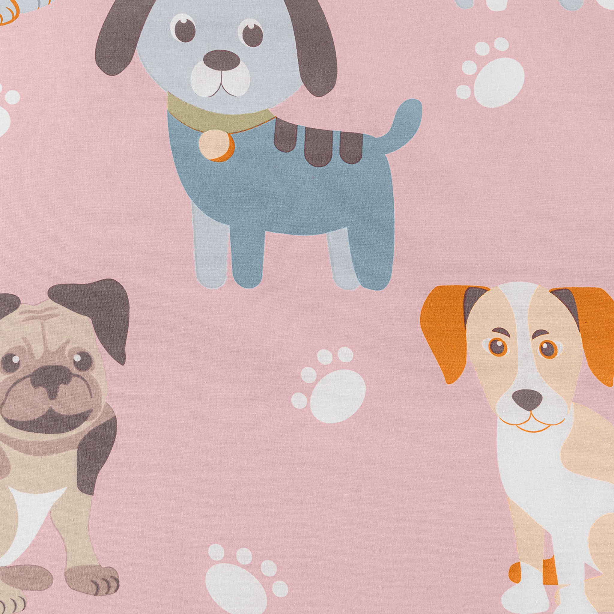 Dettaglio fantasia Cuccioli con cagnolini colorati e impronte su fondo rosa