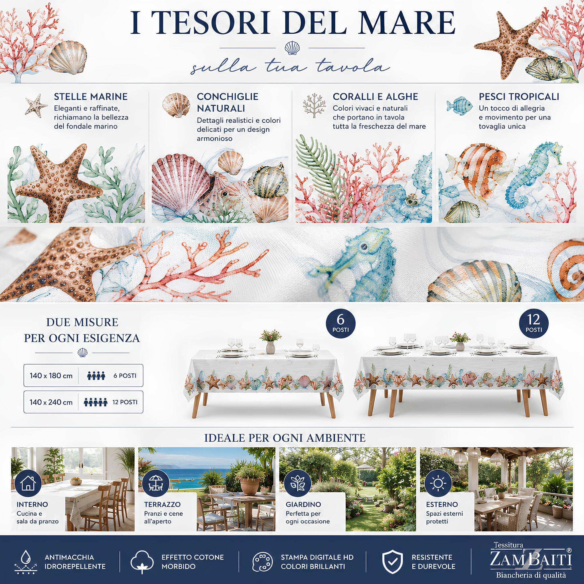 Fantasia marina con coralli conchiglie stelle marine e pesci tropicali della tovaglia Corallo