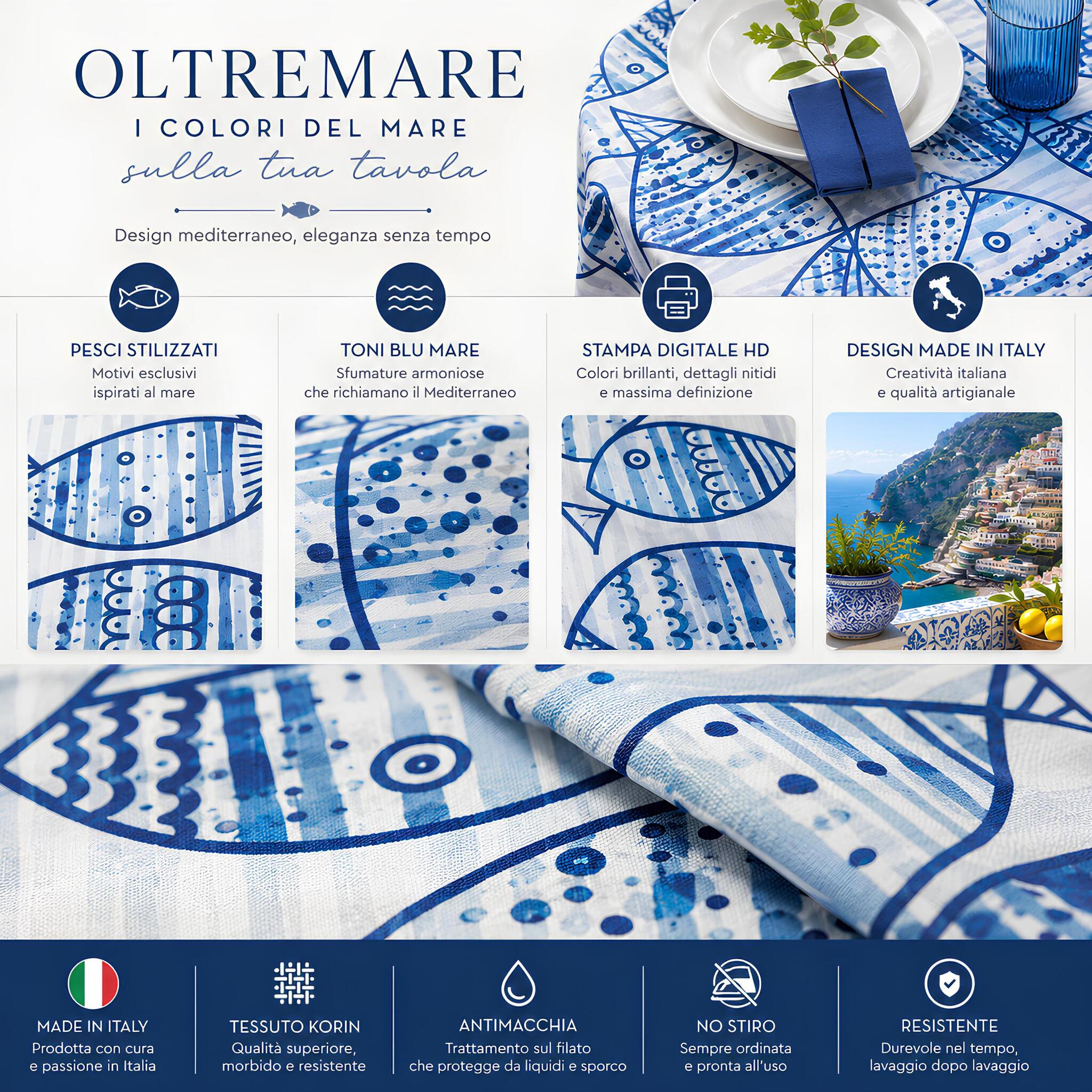 Fantasia marina con pesci stilizzati blu della tovaglia Maison Sucrée Oltremare