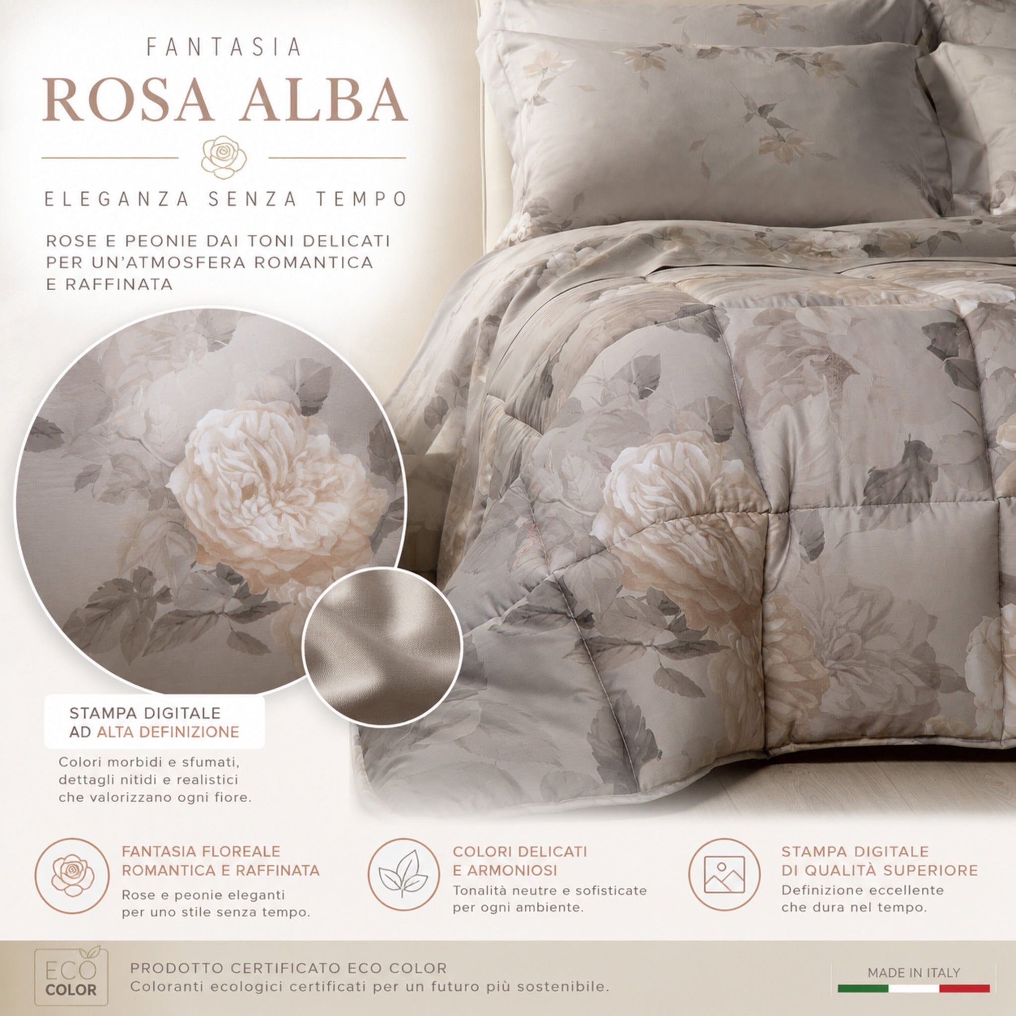 Fantasia floreale Rosa Alba della trapunta matrimoniale Caleffi con rose e peonie color tortora