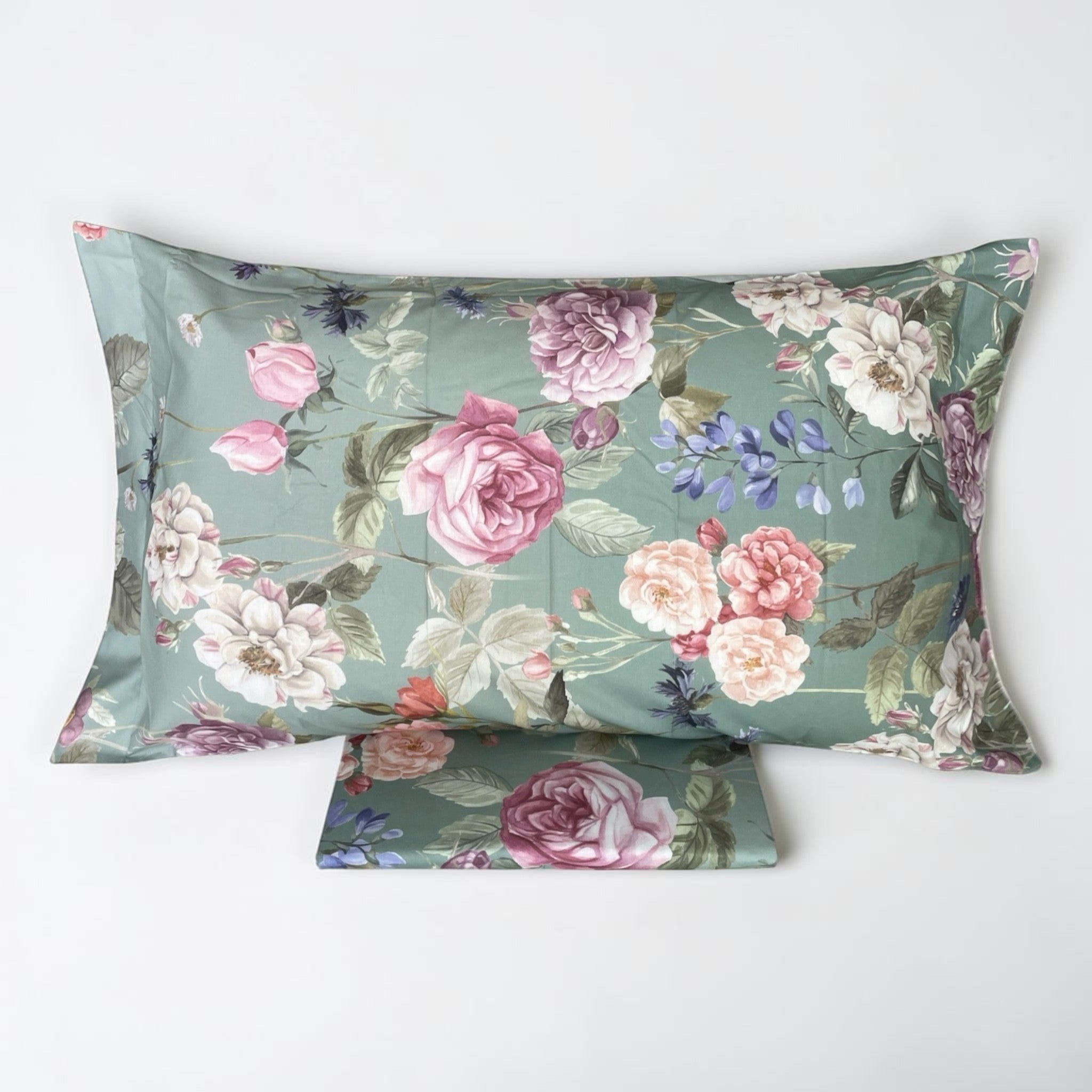Federa matrimoniale Caleffi Giardino Romantico con rose peonie e fiori botanici multicolore verde giada