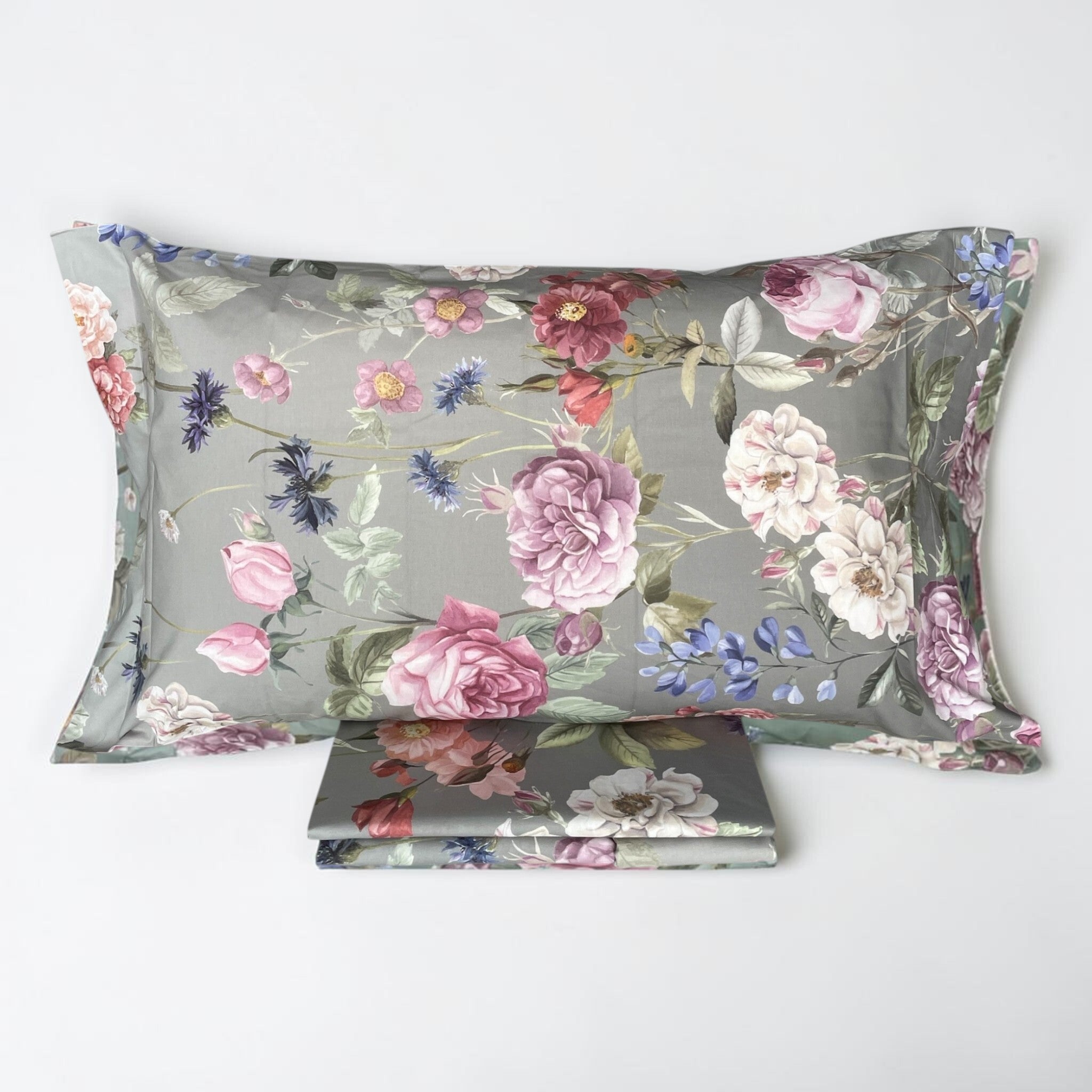 Federa matrimoniale Caleffi Giardino Romantico con rose peonie e fiori botanici multicolore tortora