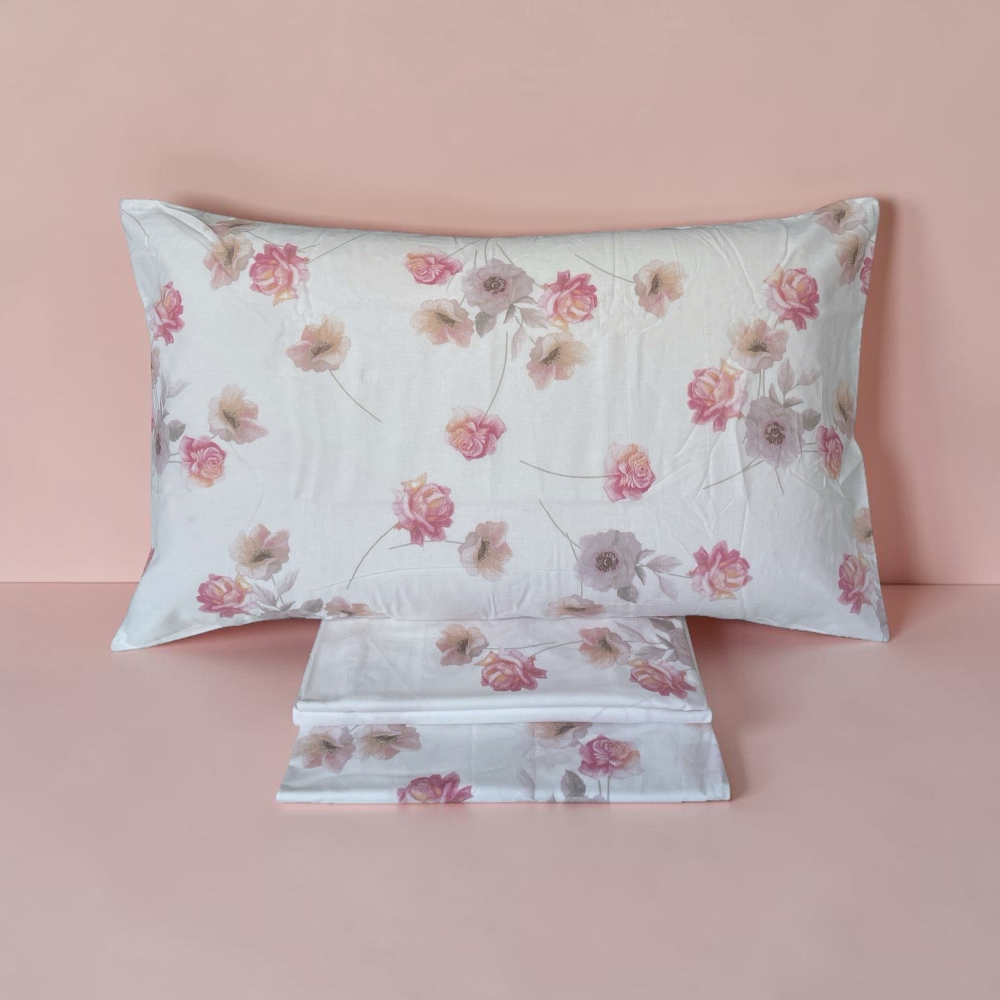 Federa del completo lenzuola matrimoniali Caleffi Flores rosa con stampa floreale delicata