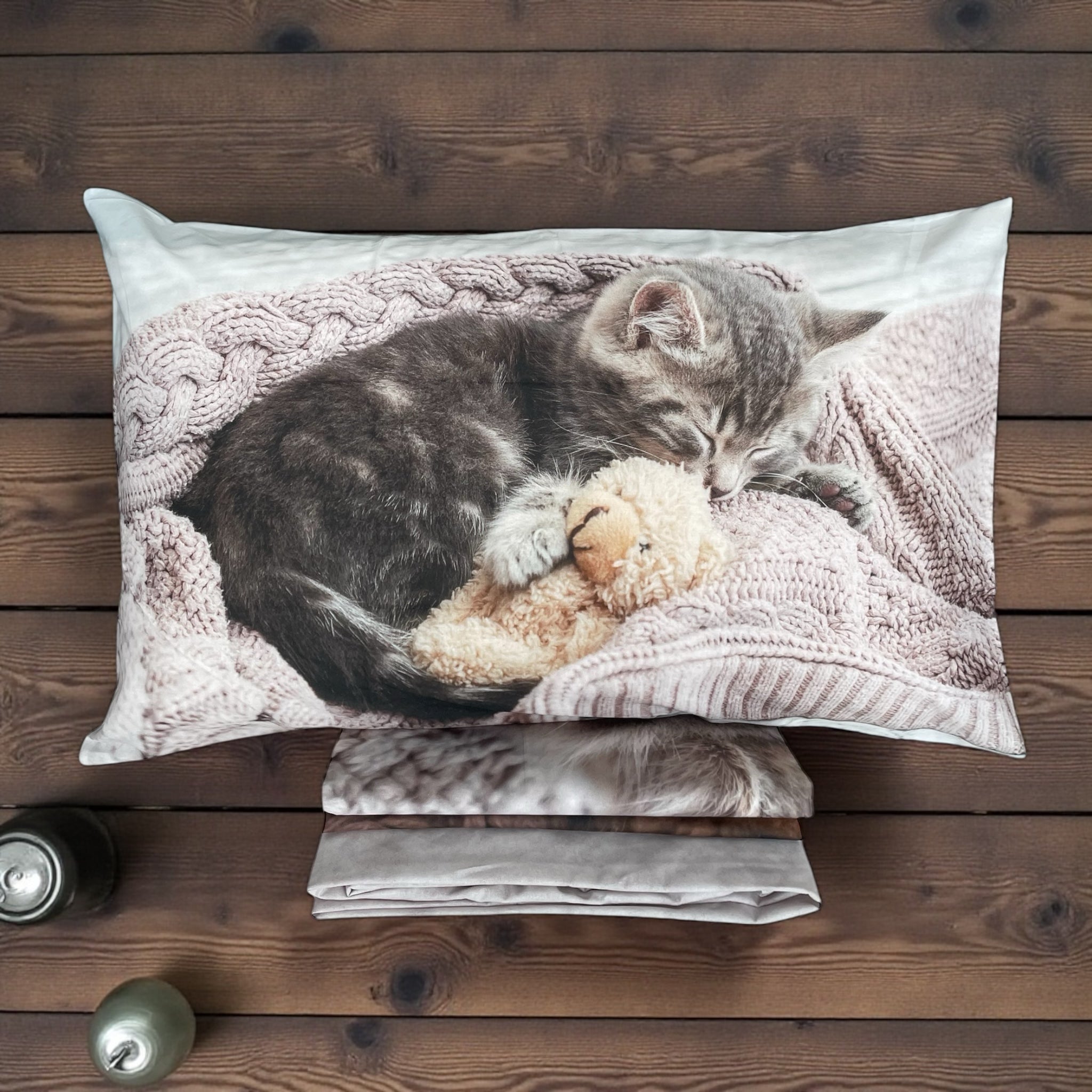 Federa double face Bassetti Peluche con gattino addormentato e orsetto
