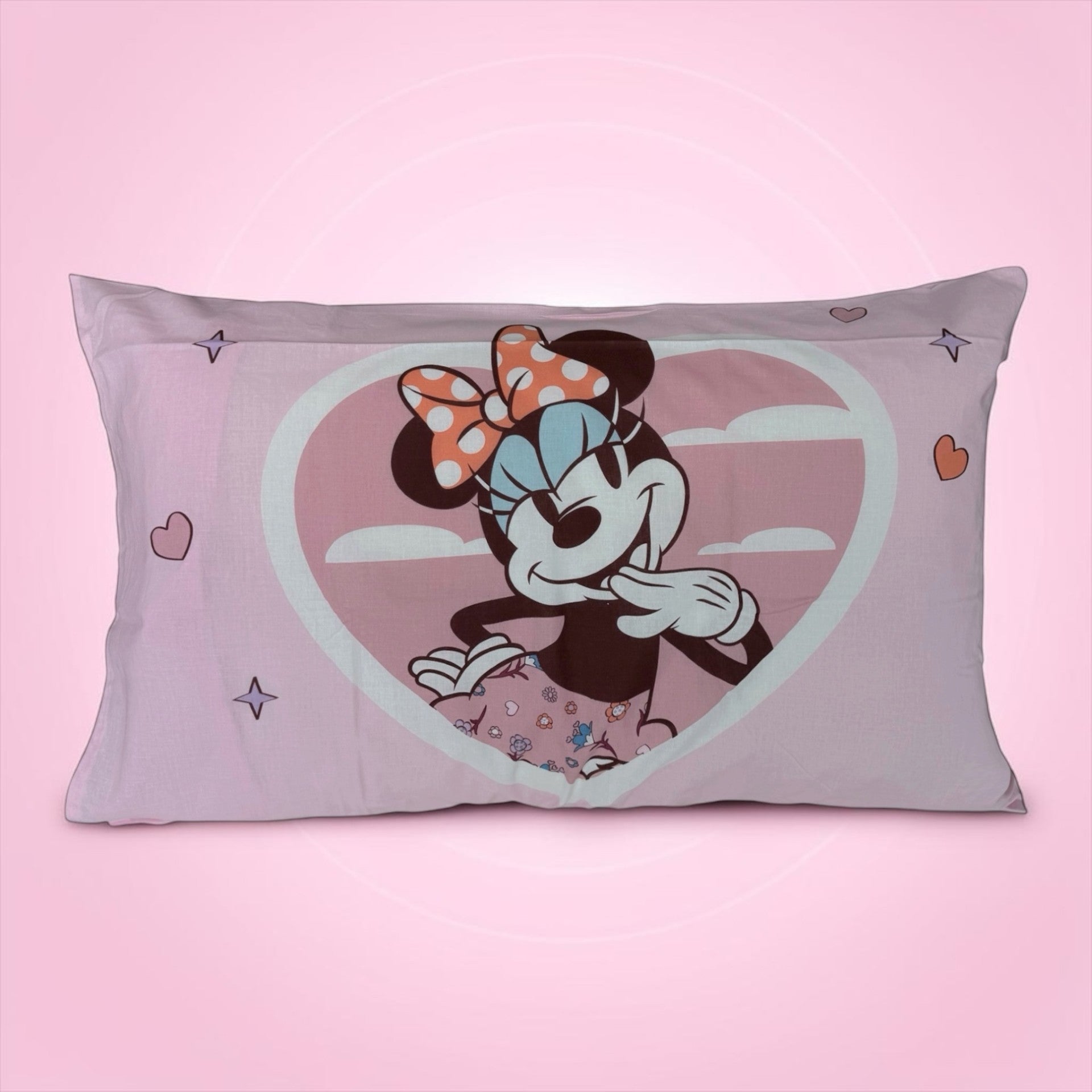 Retro della federa del completo lenzuola Caleffi Minnie Love con seconda grafica di Minnie