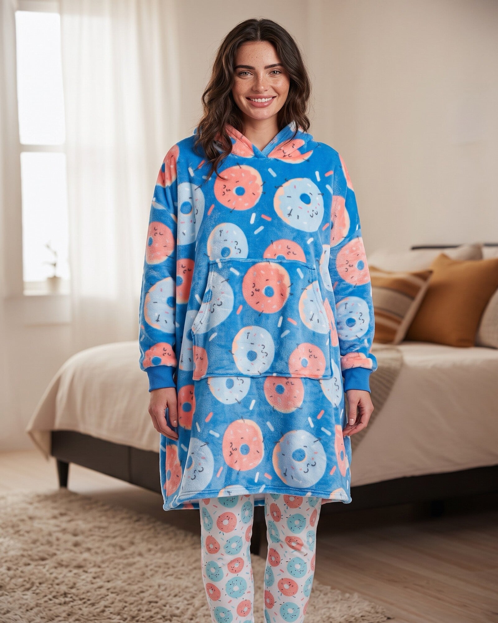 Felpa coperta oversize donna Mr Wonderful Art. 67083 in coral fleece blu fantasia donut