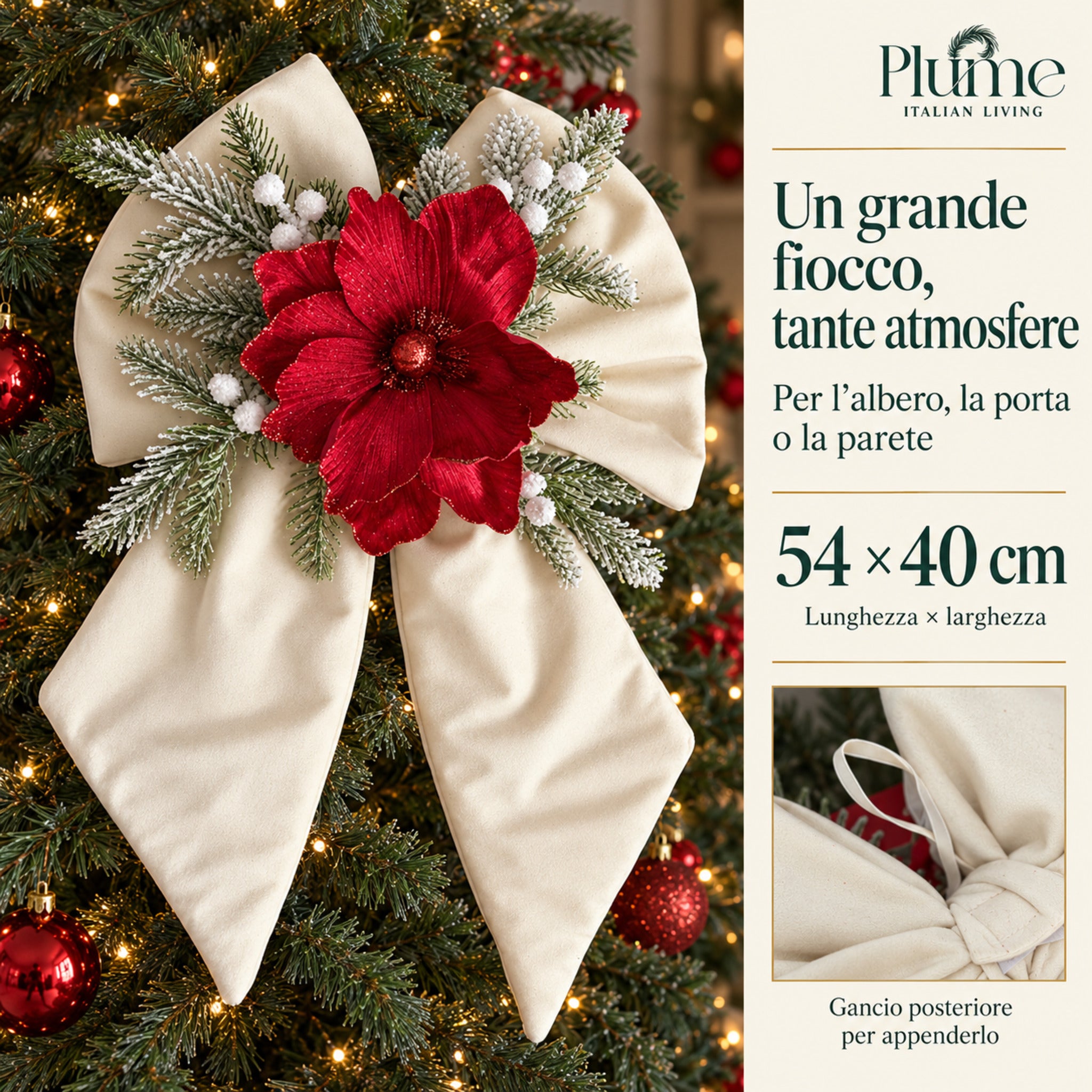 Fiocco avorio sull’albero di Natale con infografica sulle misure 54×40 cm e dettaglio del gancio posteriore.