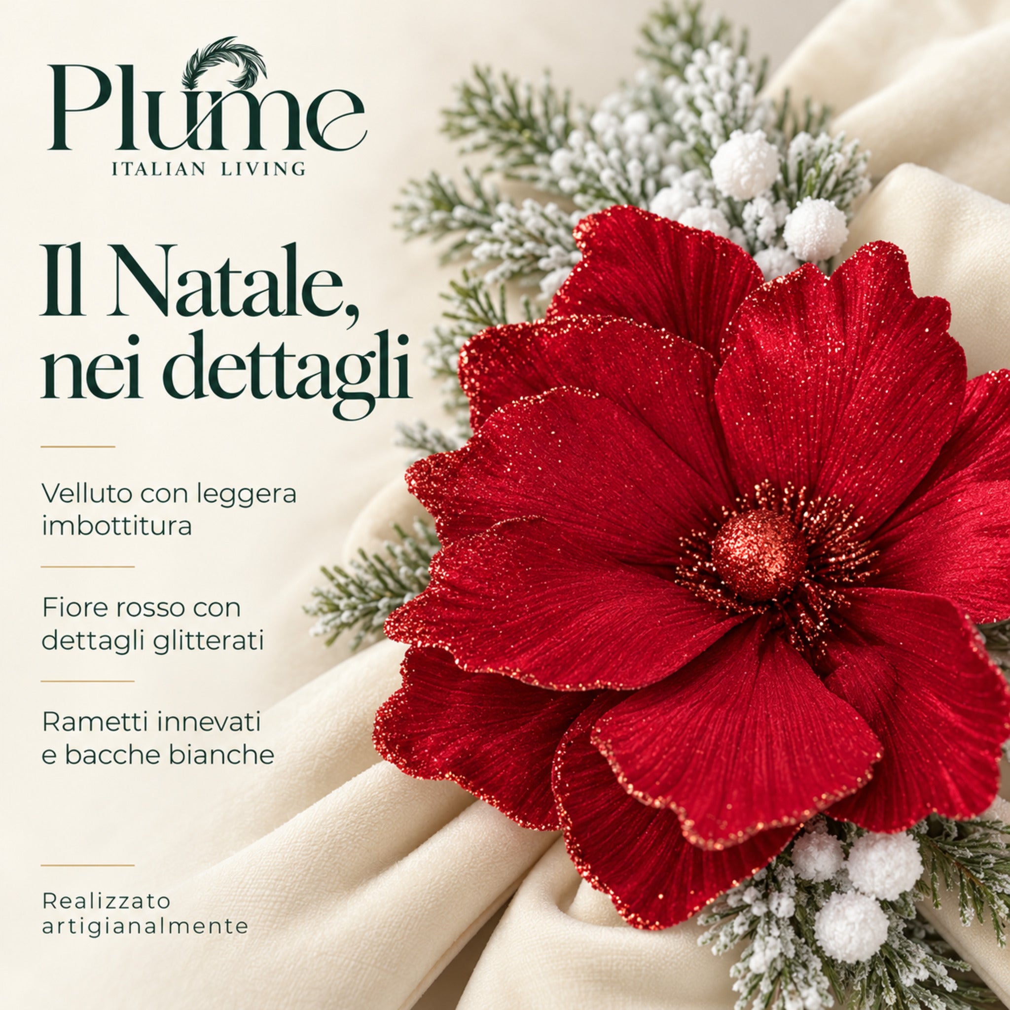 Dettaglio del fiocco avorio con fiore rosso glitterato, rametti effetto neve e infografica sulla lavorazione artigianale.