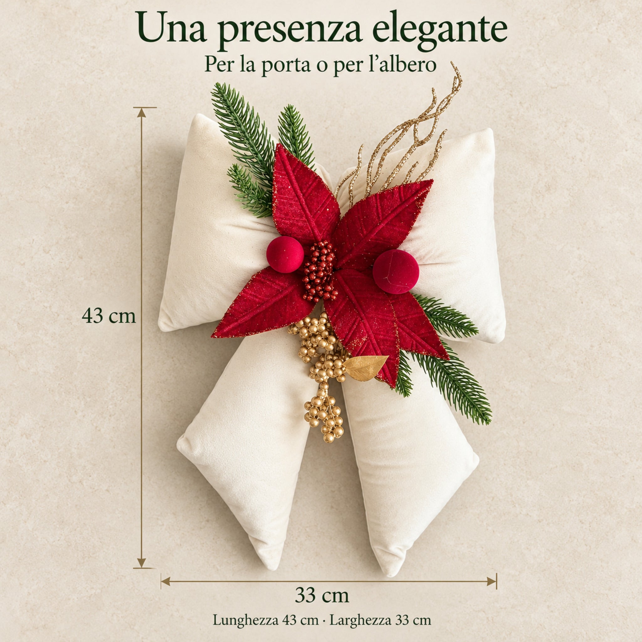 Infografica del fiocco natalizio avorio con indicazione delle dimensioni: 43 cm di lunghezza e 33 cm di larghezza.
