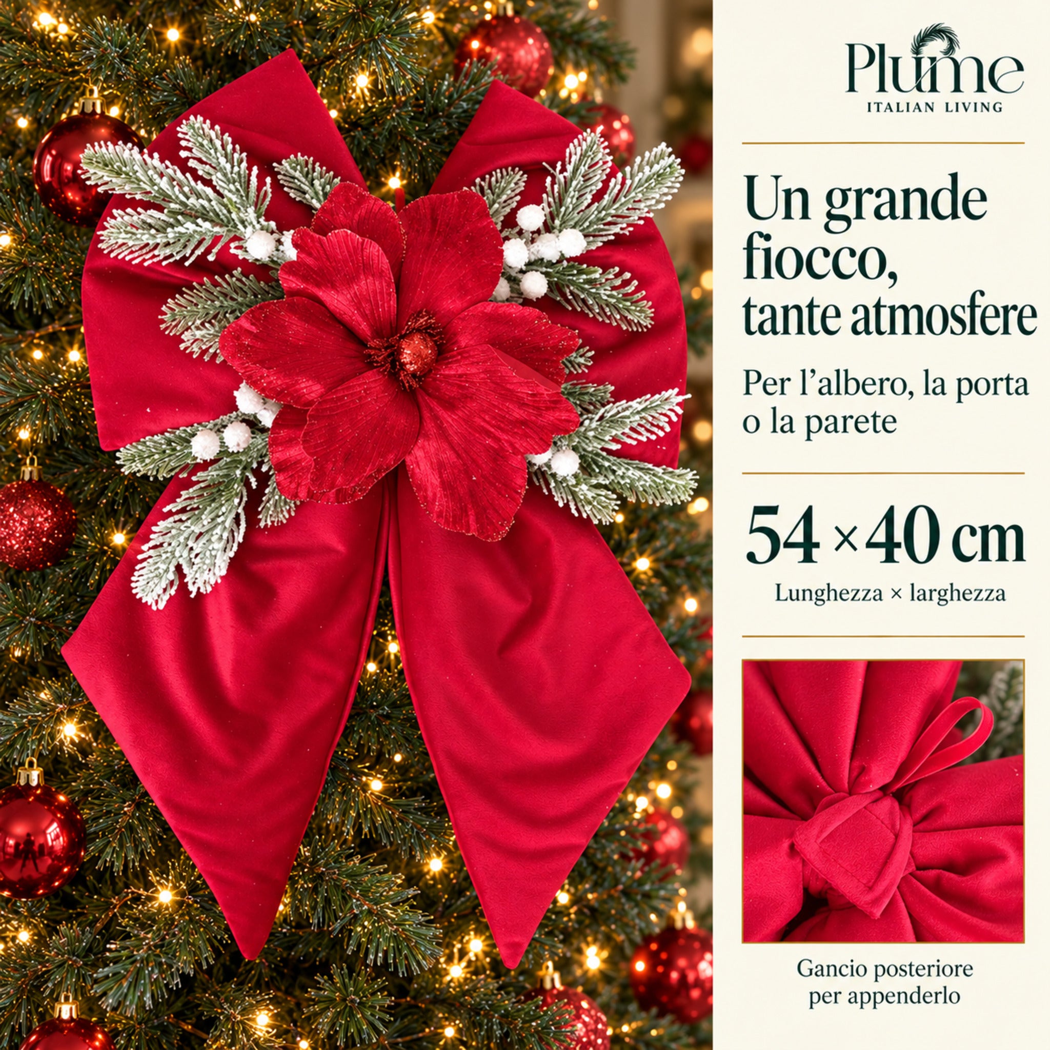 Fiocco rosso appeso all’albero, con indicazione delle dimensioni 54×40 cm e riquadro del sistema di sospensione.