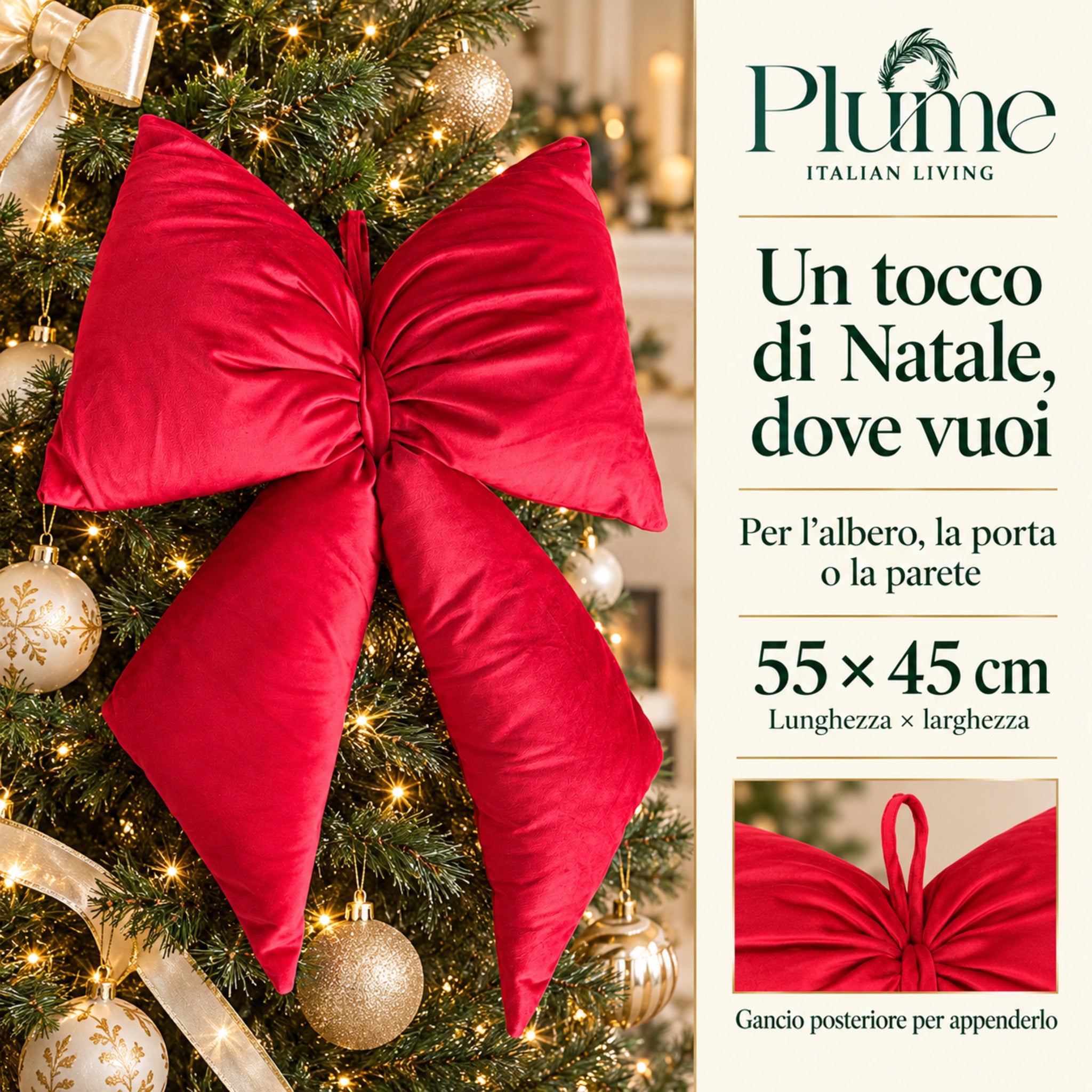 Fiocco rosso imbottito sull’albero di Natale, con indicazione delle misure 55×45 cm e dettaglio del gancio posteriore.