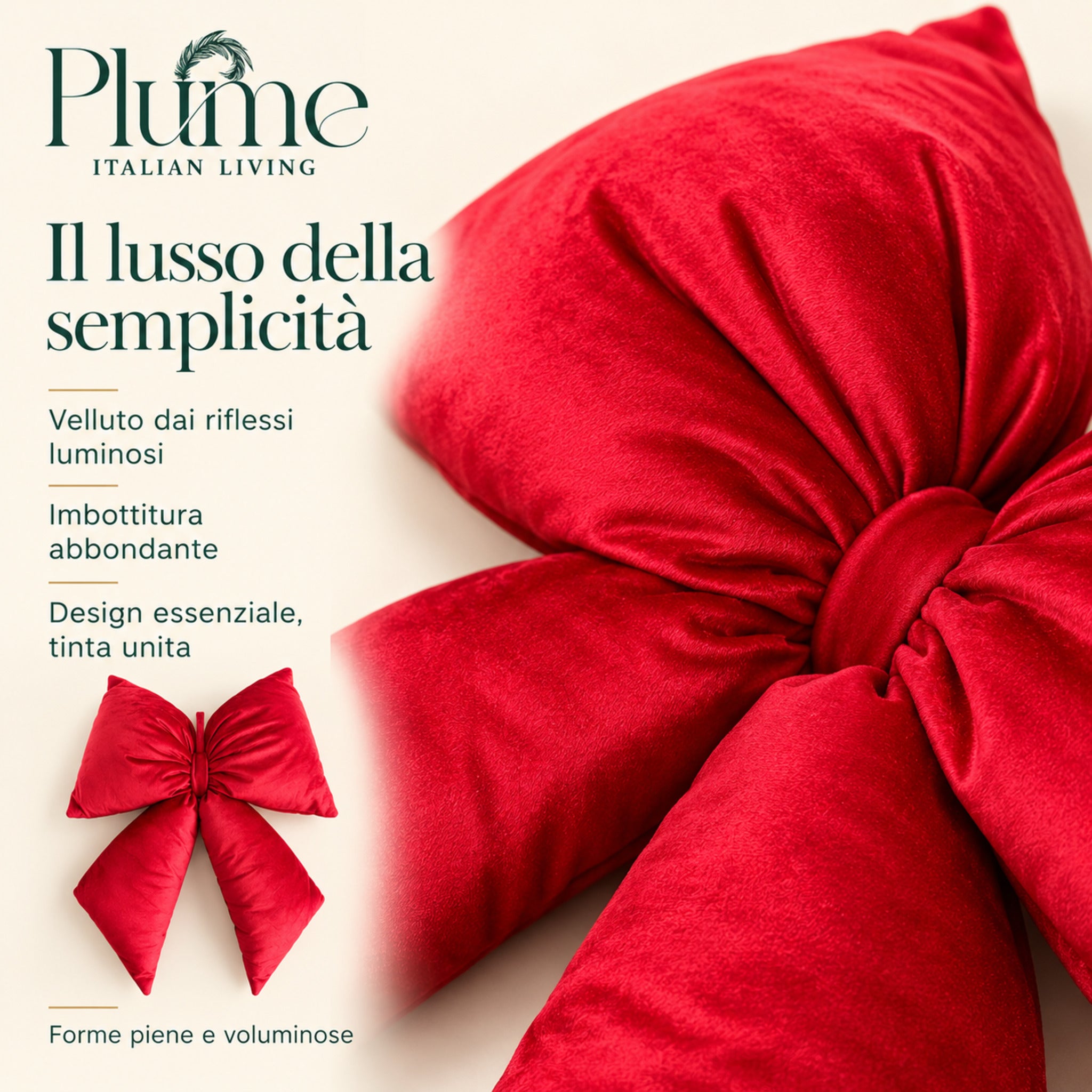 Dettaglio del nodo e delle pieghe del fiocco rosso, con infografica sul velluto, l’imbottitura abbondante e il design in tinta unita.