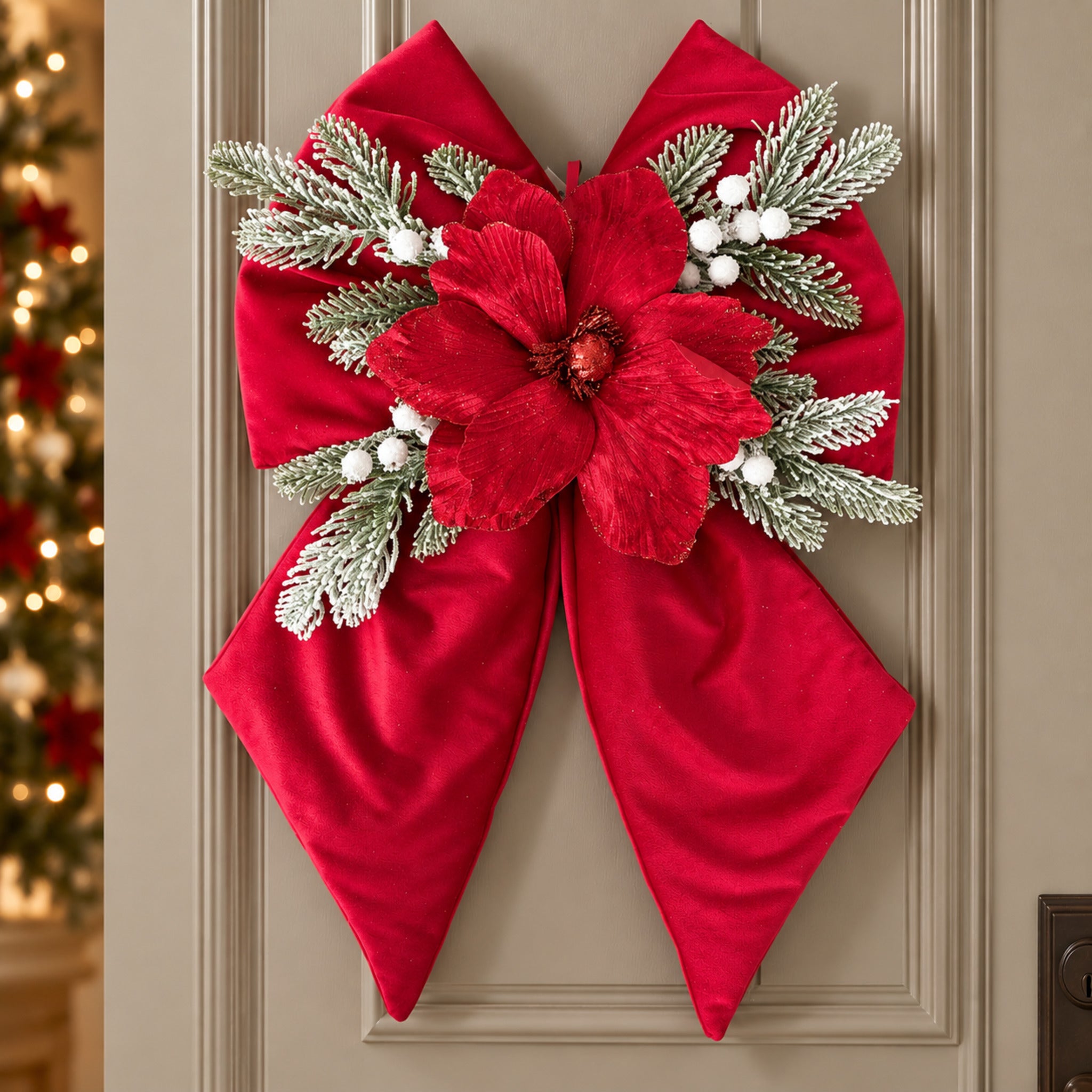 Fiocco natalizio in velluto rosso sulla porta, decorato con un grande fiore centrale e rametti verdi innevati.