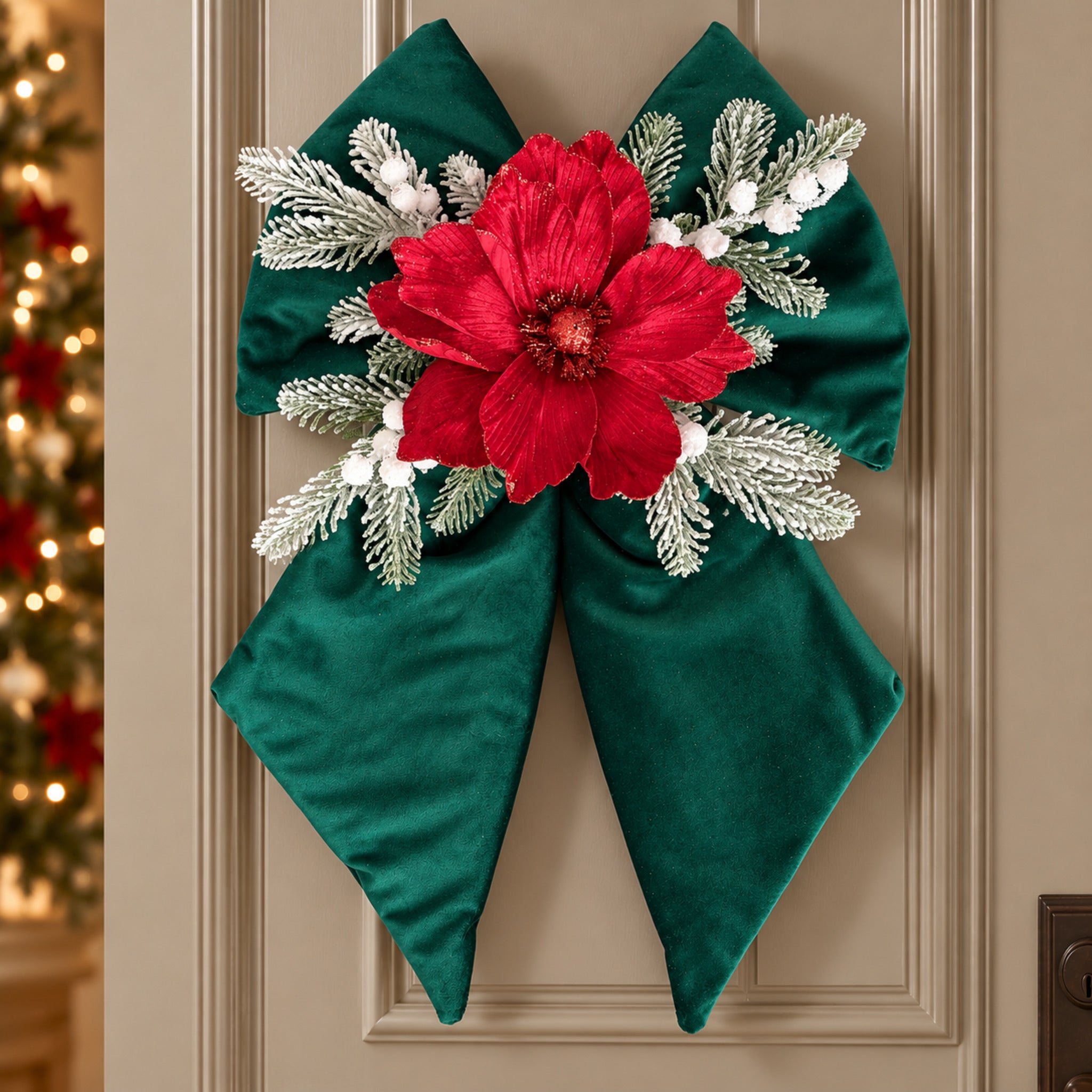 Fiocco natalizio verde appeso alla porta, con ampie code, fiore rosso e rametti decorativi dall’effetto innevato.