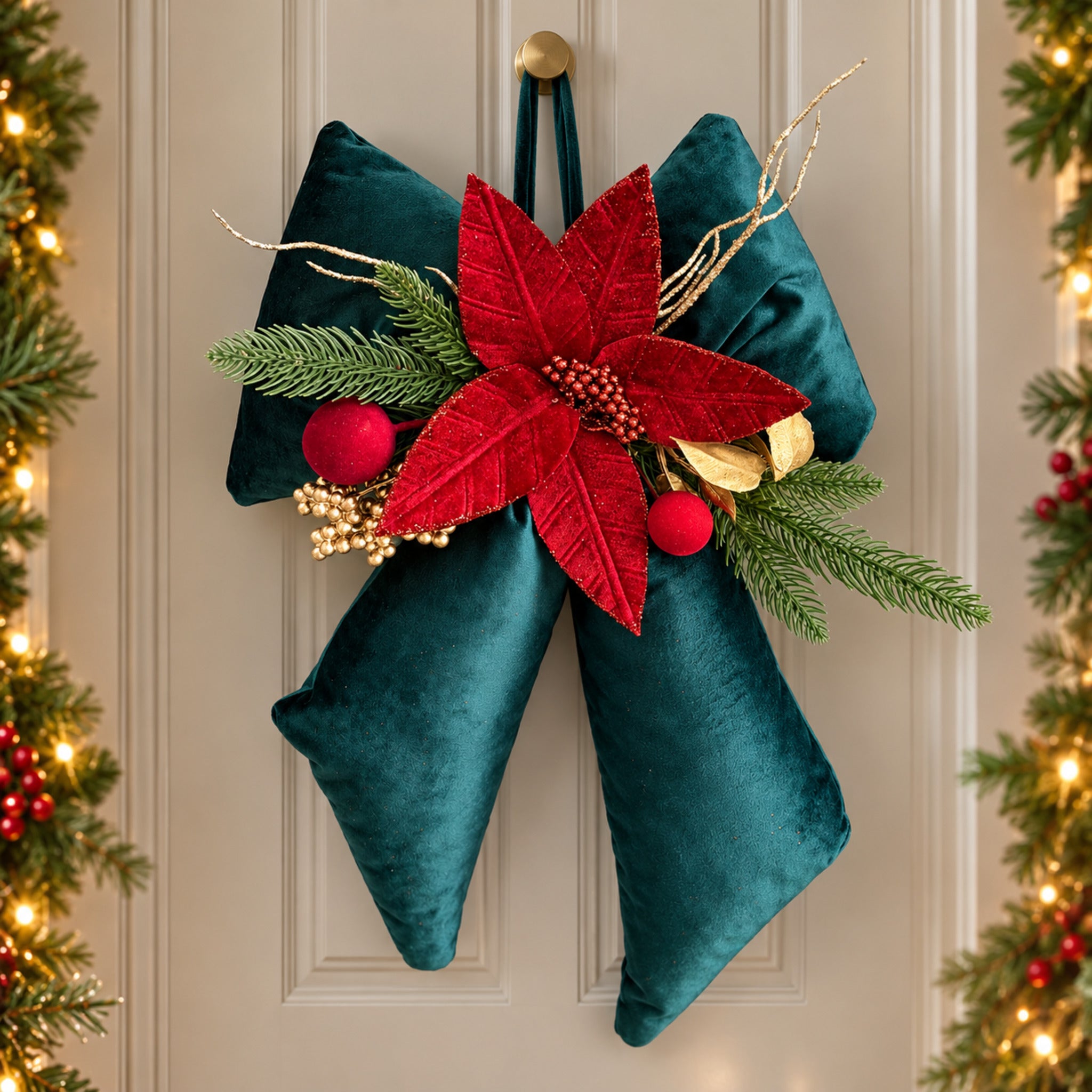 Fiocco natalizio in velluto verde appeso alla porta, con grande stella rossa, sfere decorative e rametti dorati.