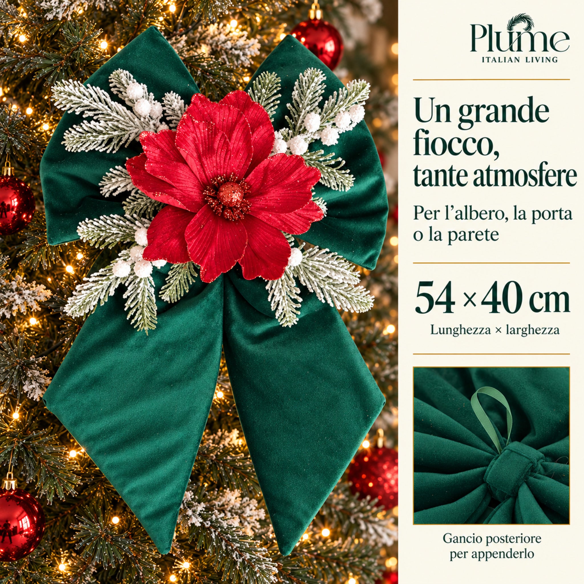 Fiocco verde sull’albero natalizio con infografica sulle misure 54×40 cm e dettaglio del gancio sul retro.
