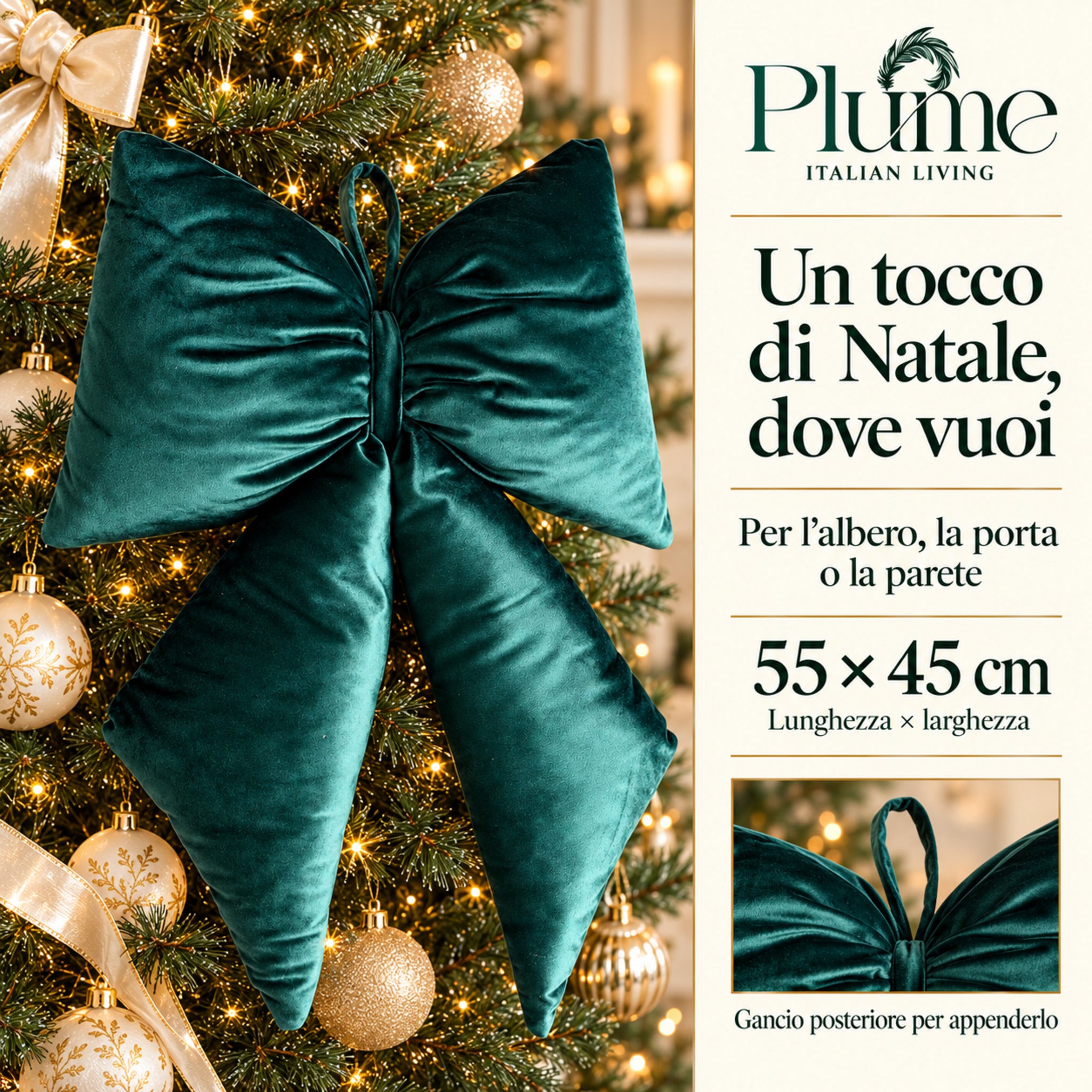 Grande fiocco verde sull’albero con addobbi avorio e oro, misure 55×45 cm e riquadro del sistema di sospensione.