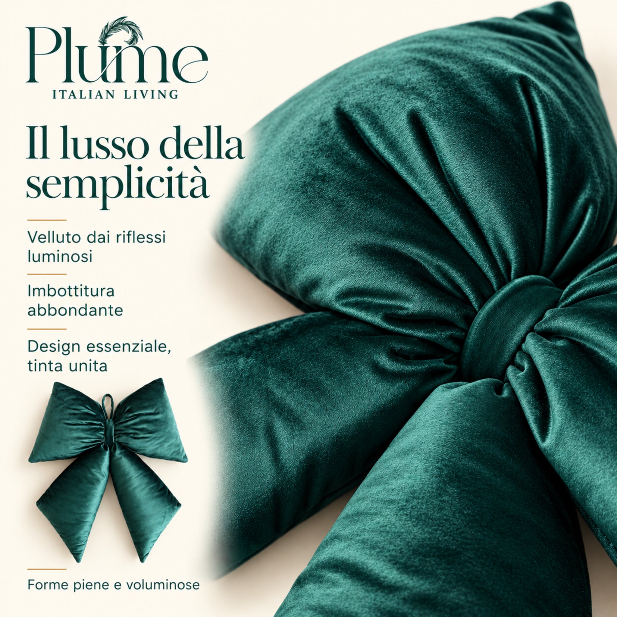 Primo piano del velluto verde e delle pieghe del fiocco, con infografica sulla forma piena e sull’imbottitura abbondante.