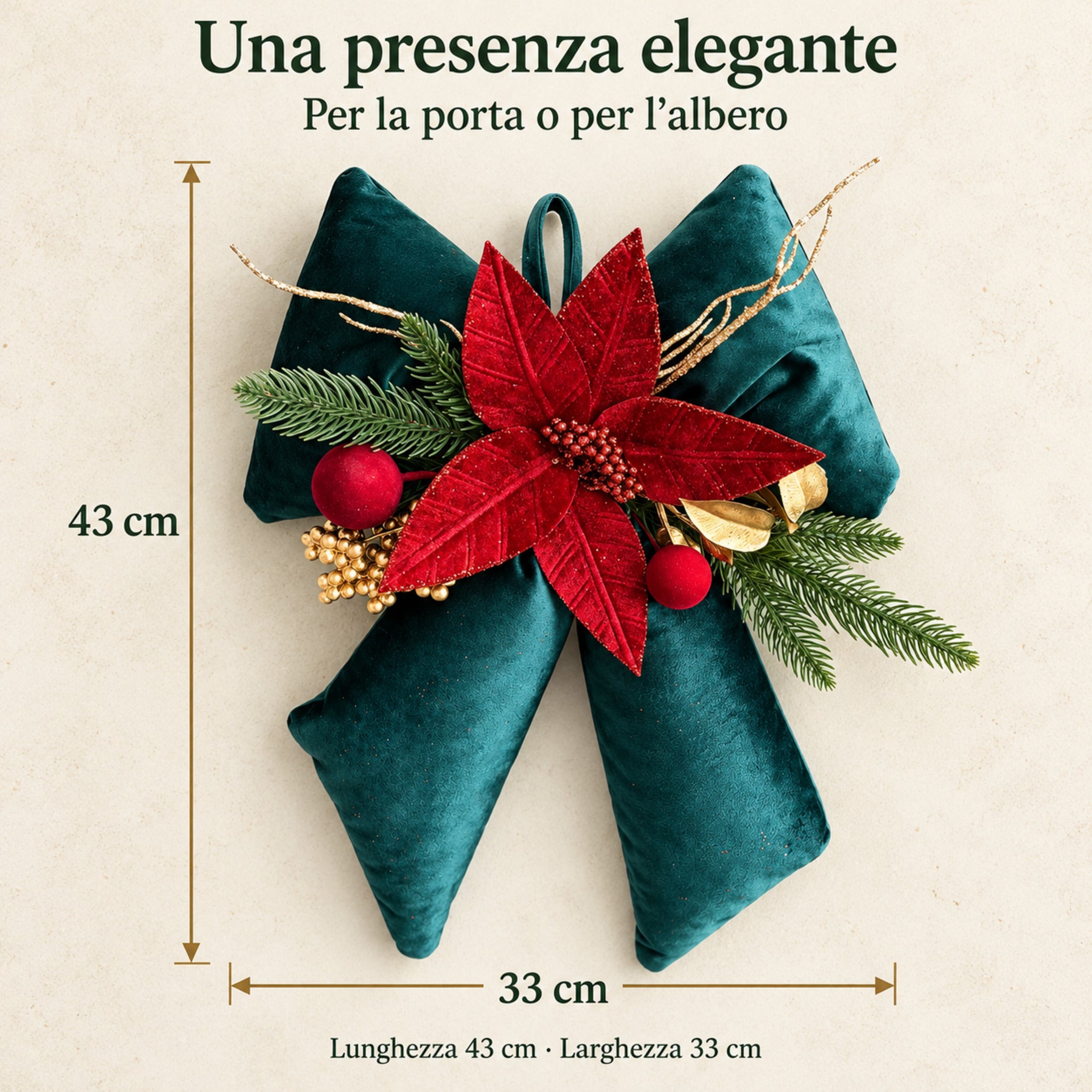 Infografica del fiocco natalizio verde con vista frontale e dimensioni indicate di 43×33 cm.