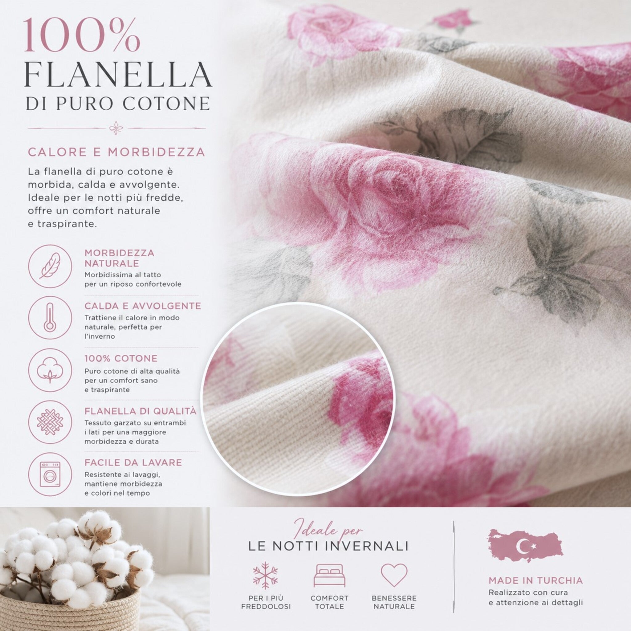 Dettaglio tessuto flanella 100 cotone Caleffi Floral Style panna morbido e caldo