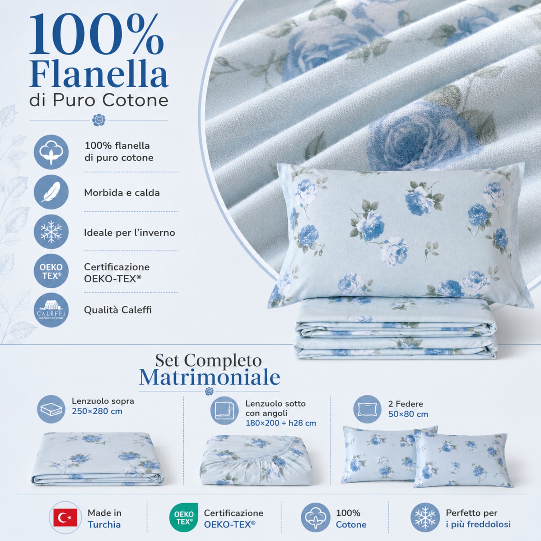 Dettaglio tessuto flanella 100 cotone Caleffi Flory morbido caldo certificato OEKO TEX azzurro