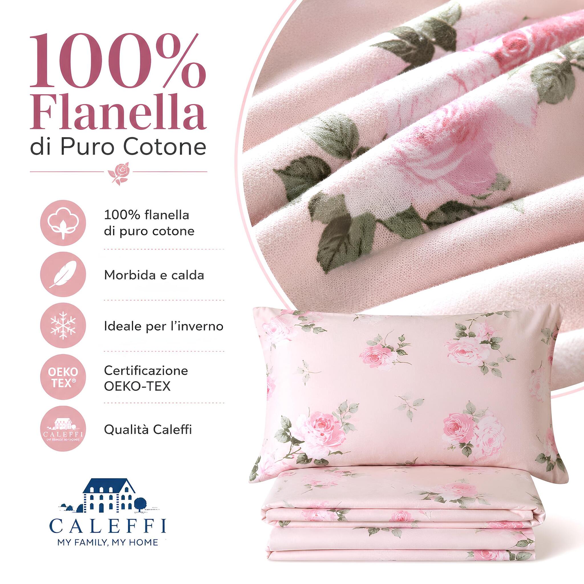 Dettaglio tessuto flanella 100 cotone Caleffi Flory morbido caldo certificato OEKO TEX rosa