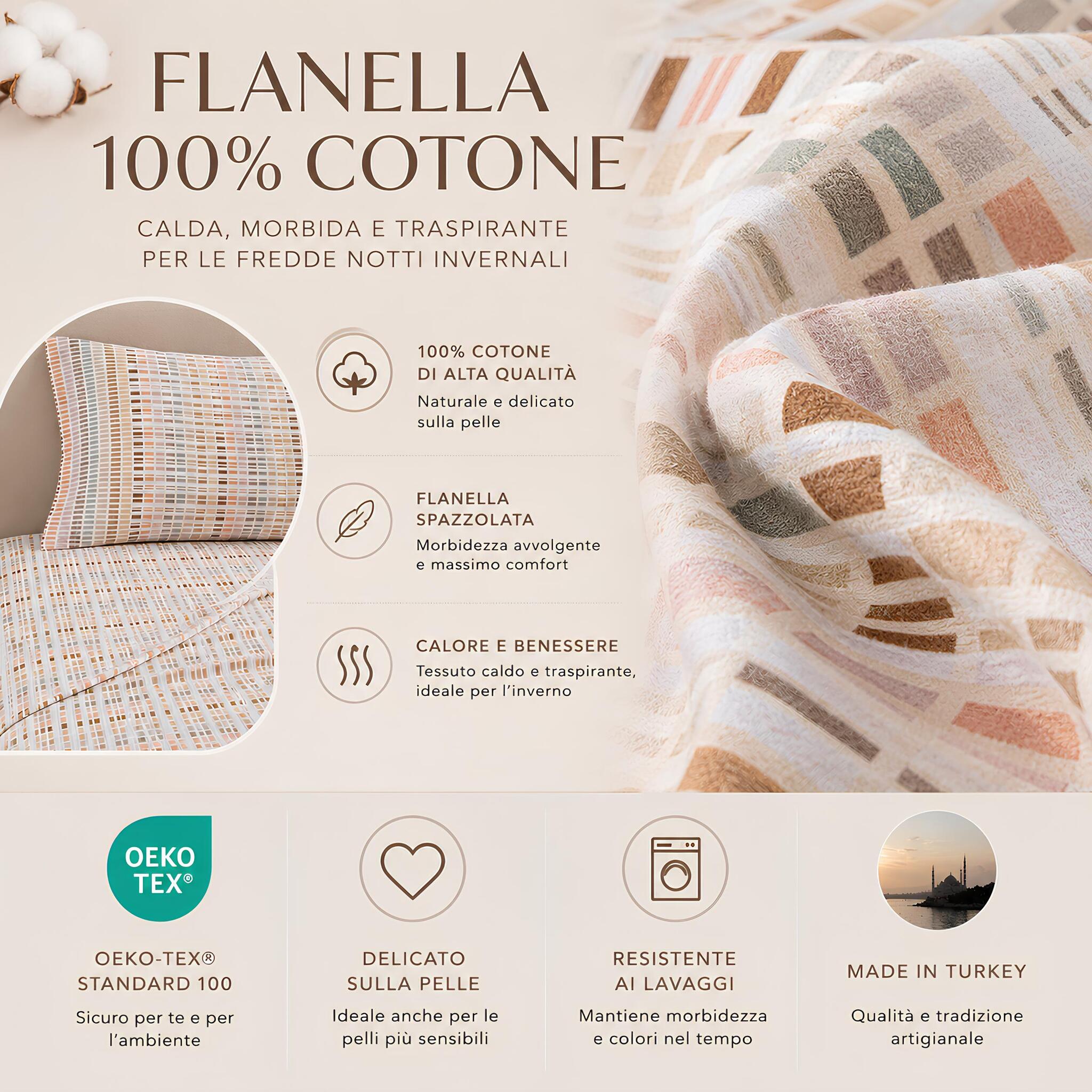 Dettaglio flanella 100 cotone del completo lenzuola matrimoniale Caleffi Norvegia certificato OEKO TEX