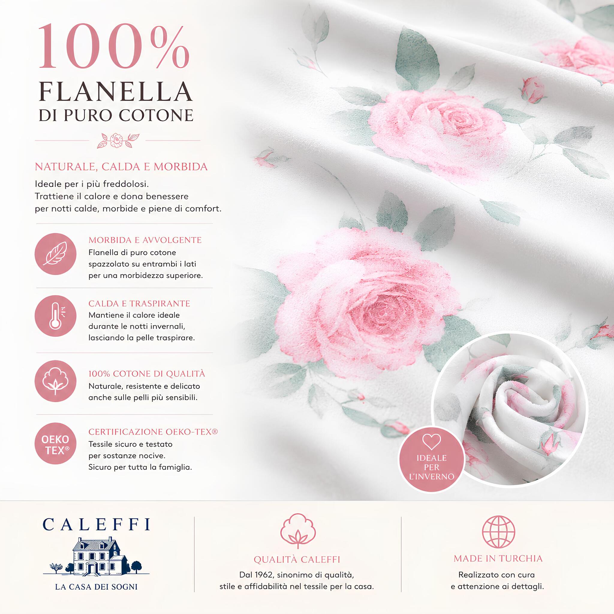 Dettaglio flanella 100 cotone Caleffi Rosa con fantasia floreale certificata OEKO TEX