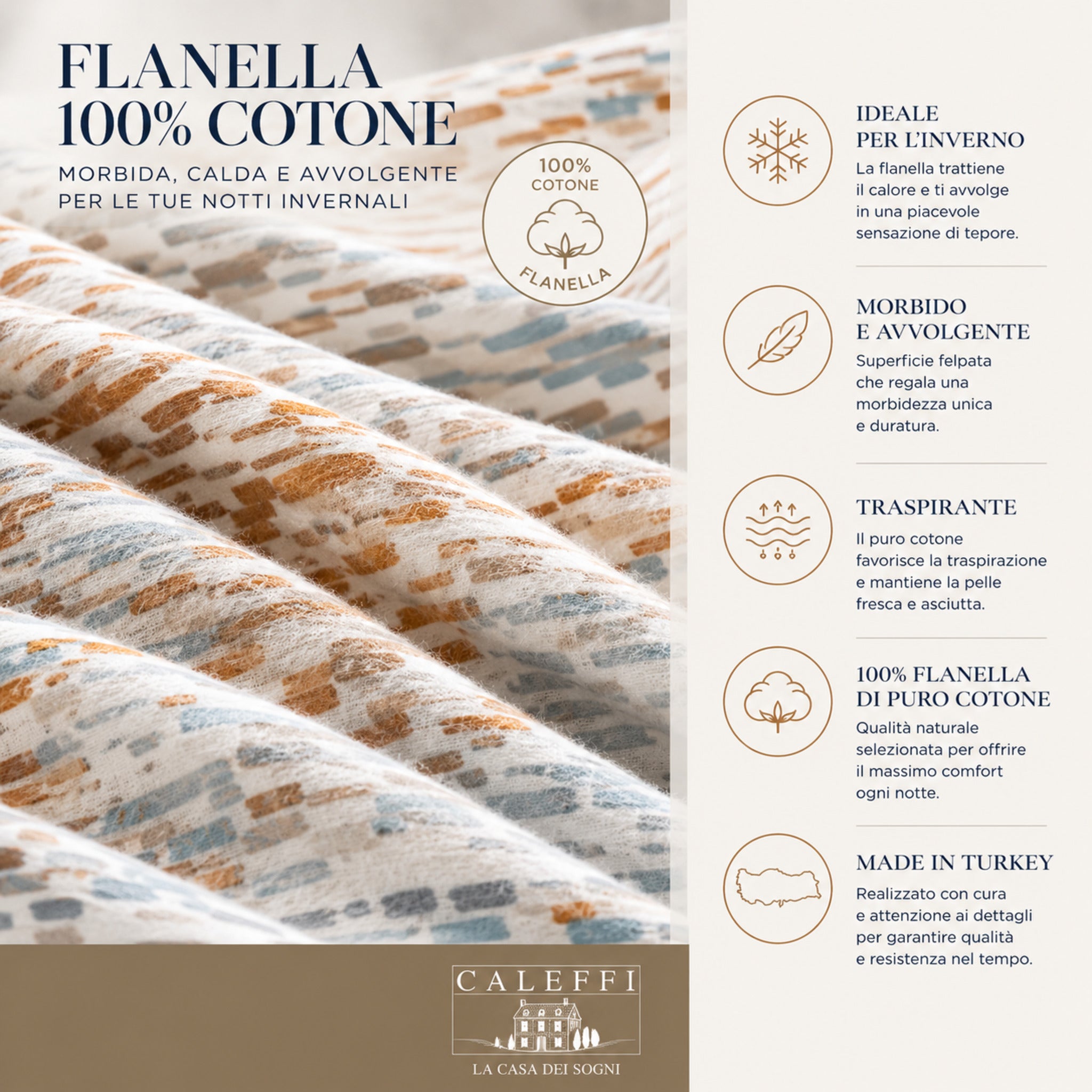 Dettaglio tessuto flanella 100 cotone Caleffi Zermat Ambra morbido e caldo