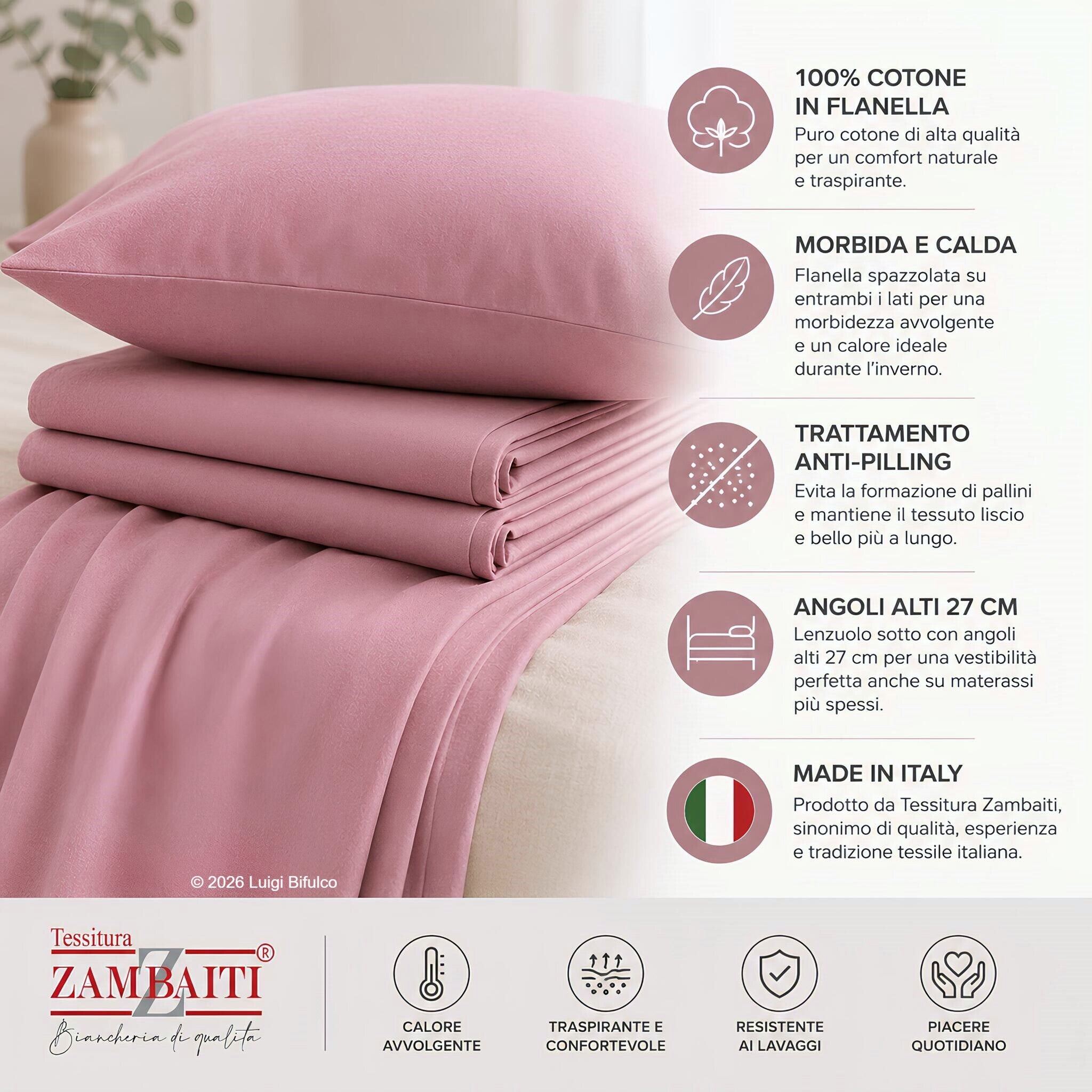 Dettaglio della flanella 100% cotone del completo lenzuola Zambaiti Frida con trattamento anti-pilling cipria
