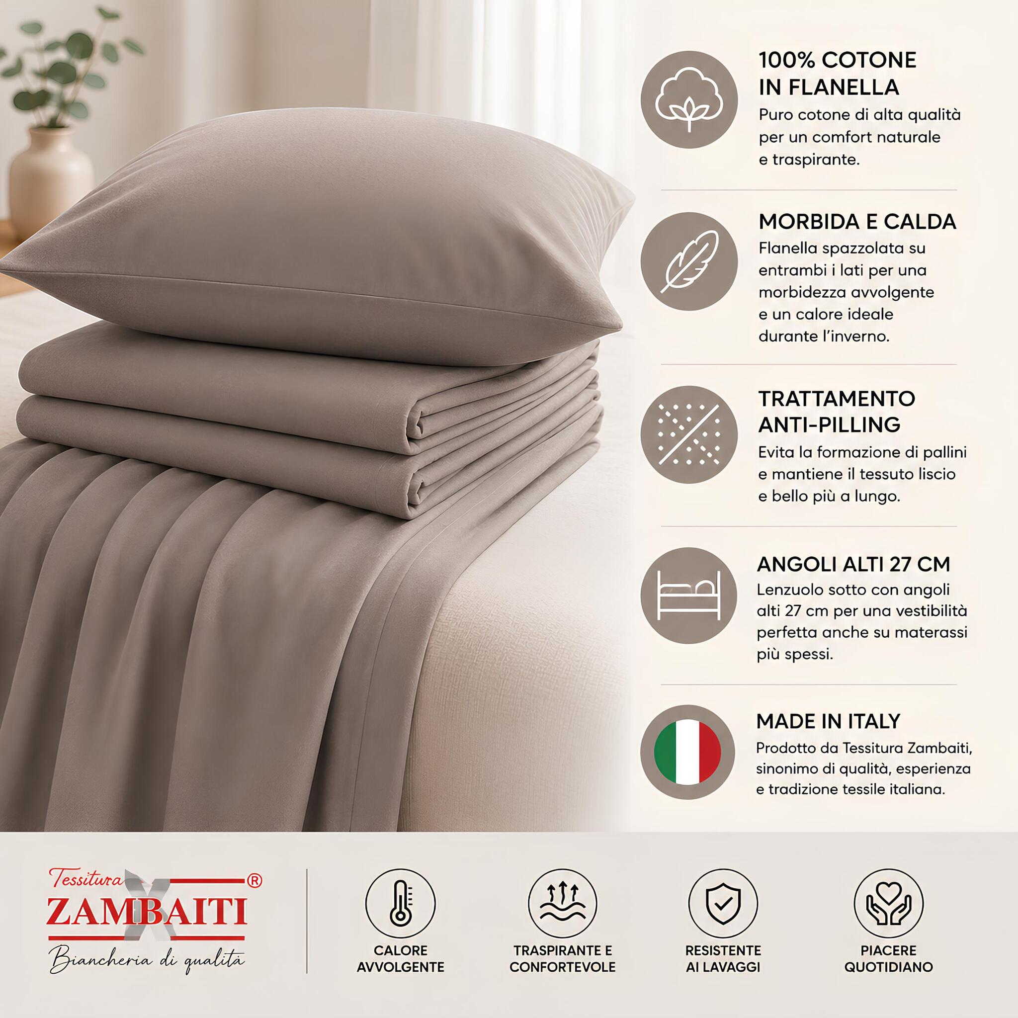 Dettaglio della flanella 100% cotone del completo lenzuola Zambaiti Frida con trattamento anti-pilling