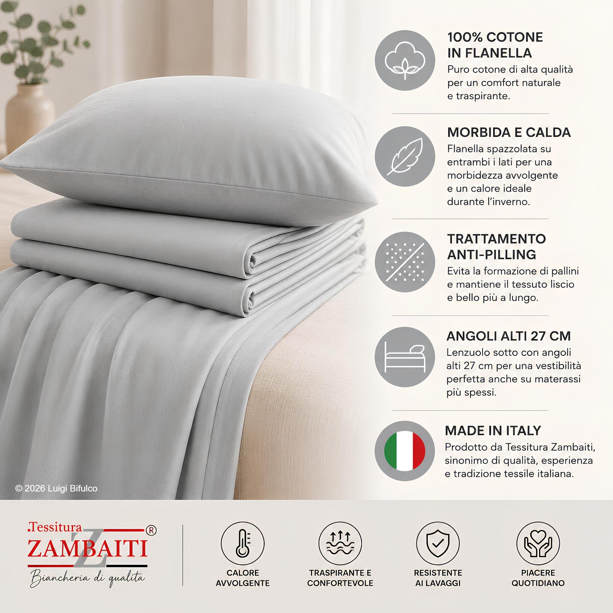Dettaglio della flanella 100% cotone del completo lenzuola Zambaiti Frida con trattamento anti-pilling ghiaccio
