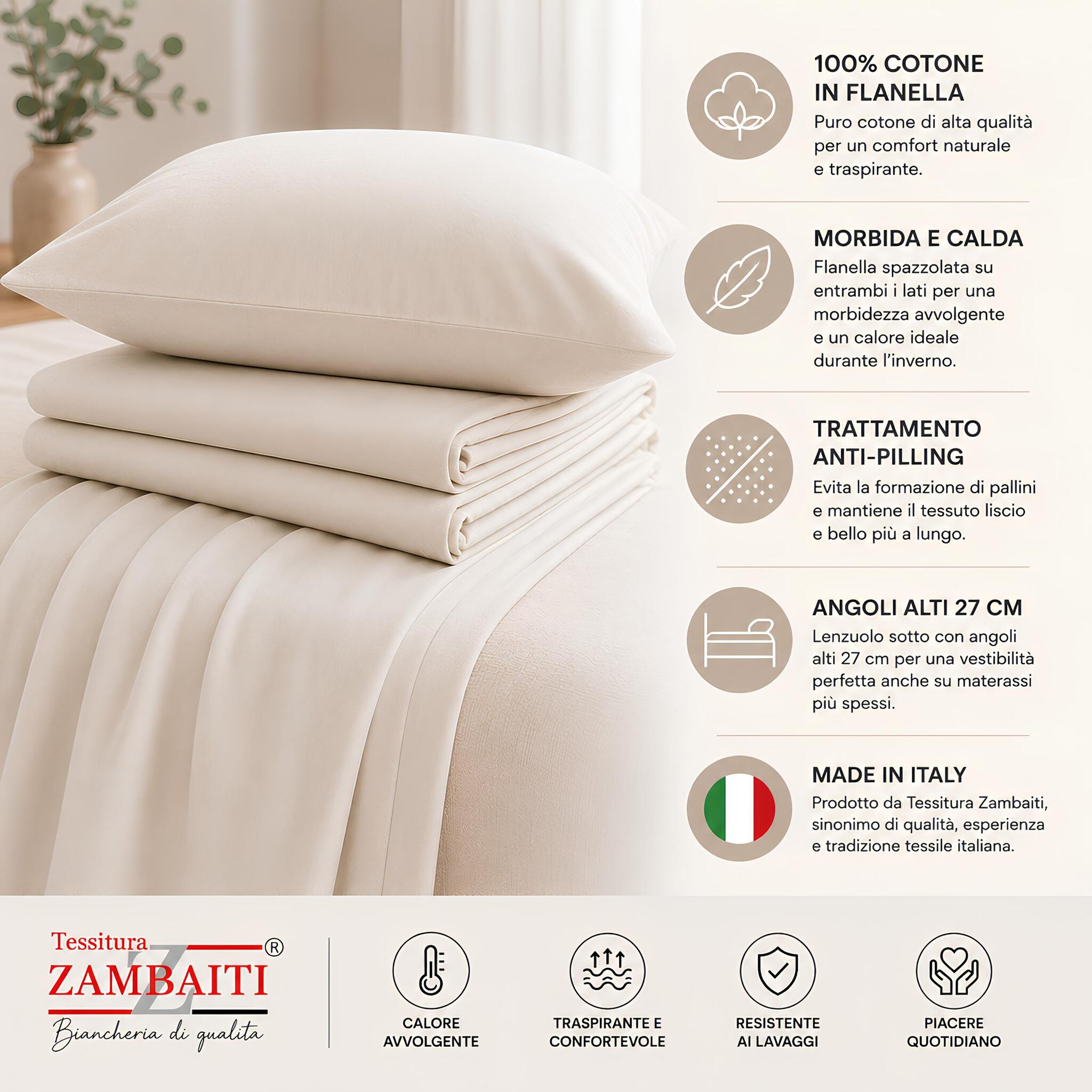 Dettaglio della flanella 100% cotone del completo lenzuola Zambaiti Frida con trattamento anti-pilling panna