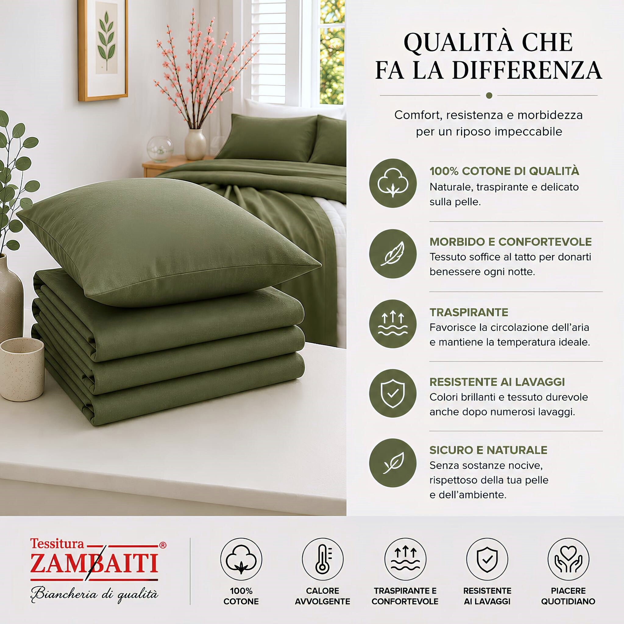 Dettaglio della flanella 100% cotone del completo lenzuola Zambaiti Frida con trattamento anti-pilling verdone