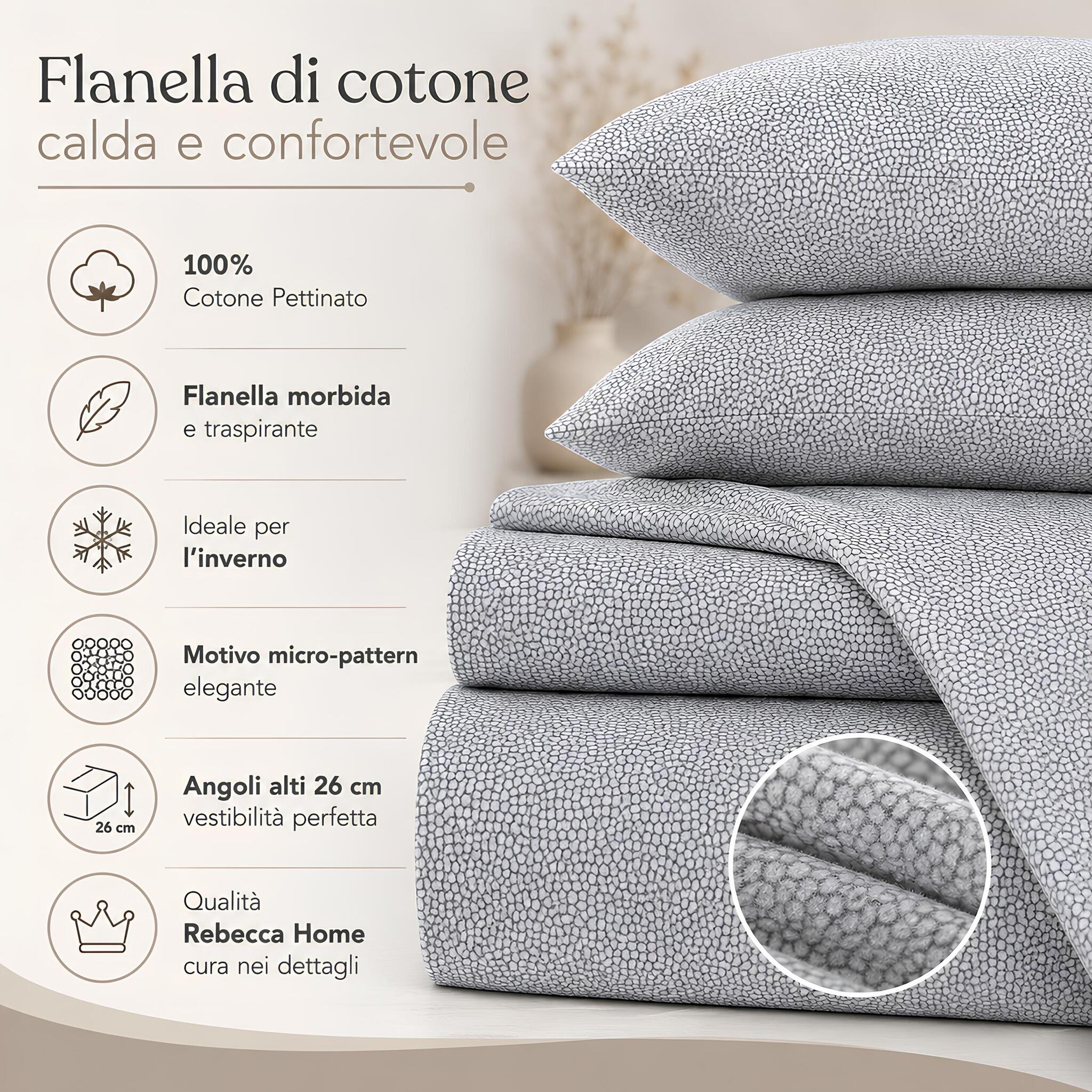 Caratteristiche del completo lenzuola Rebecca Home Nicol in flanella di cotone pettinato grigio