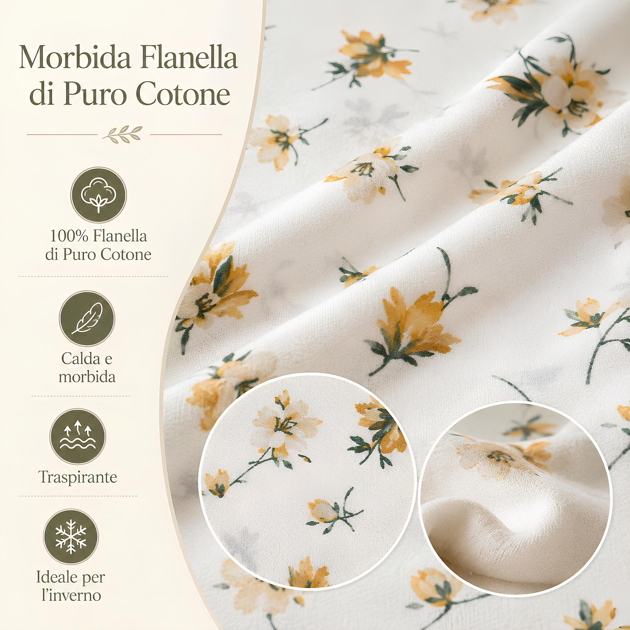 Dettaglio della flanella di puro cotone del completo lenzuola Mirabello Fiori di Rododendro
