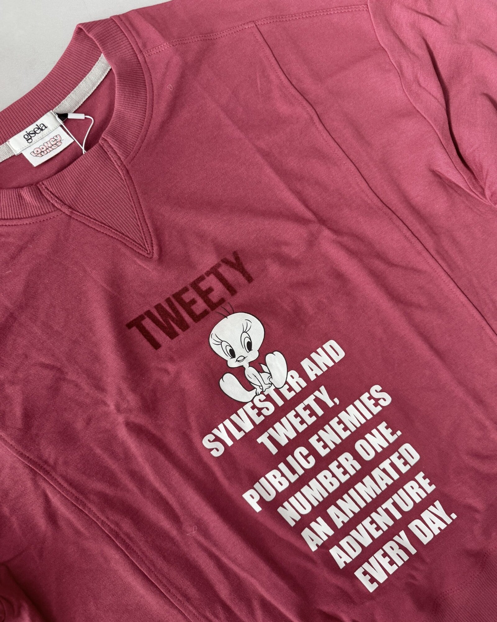 Dettaglio stampa floccata Tweety sulla maglia granata del pigiama donna Gisela 20475