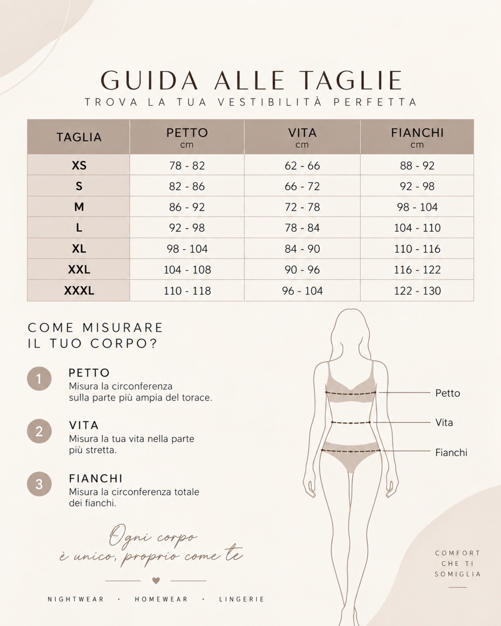 Guida alle taglie donna per homewear e abbigliamento notte con misure di petto vita e fianchi