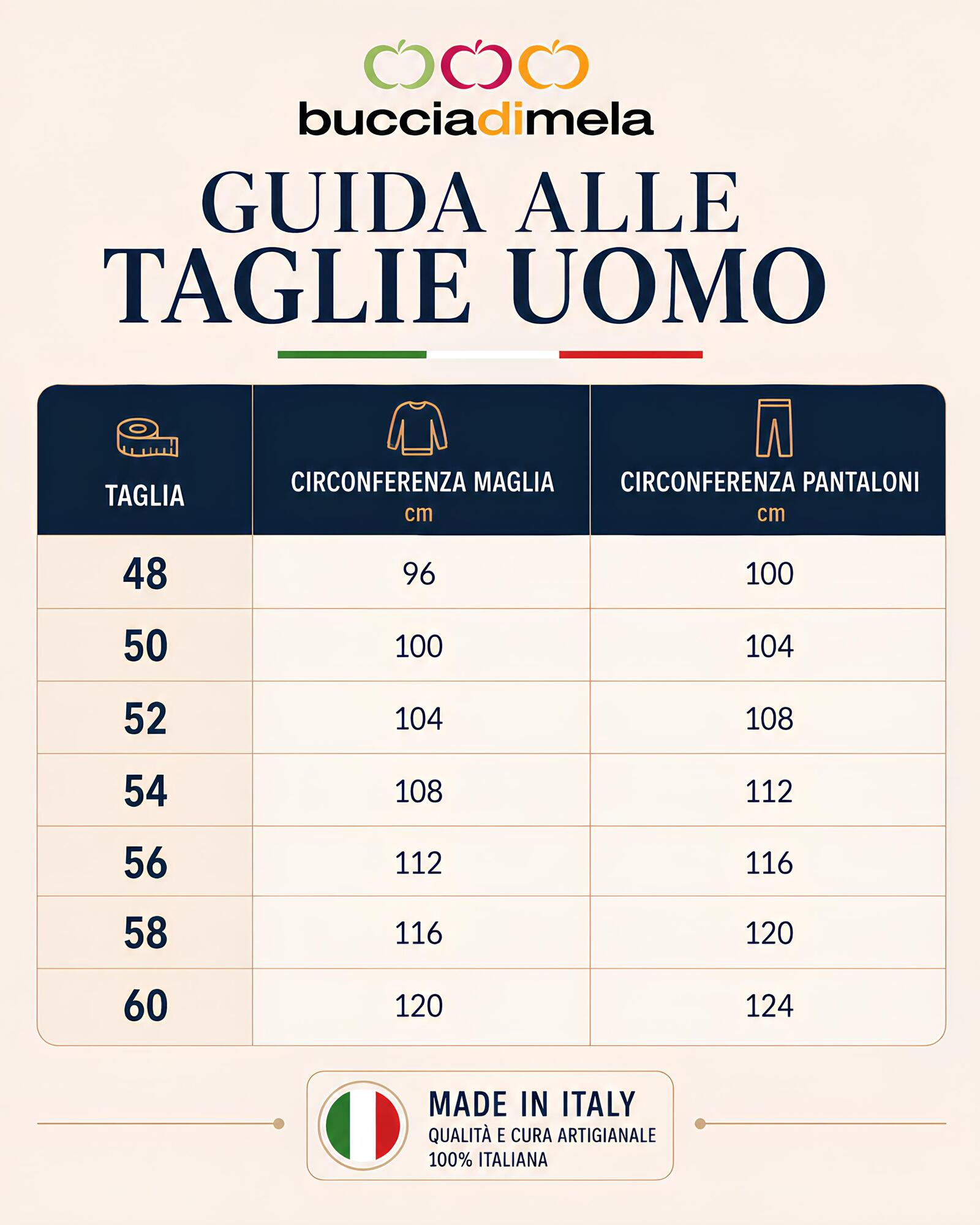 Guida taglie pigiama uomo Buccia di Mela I8851BM dalla taglia 48 alla taglia 60