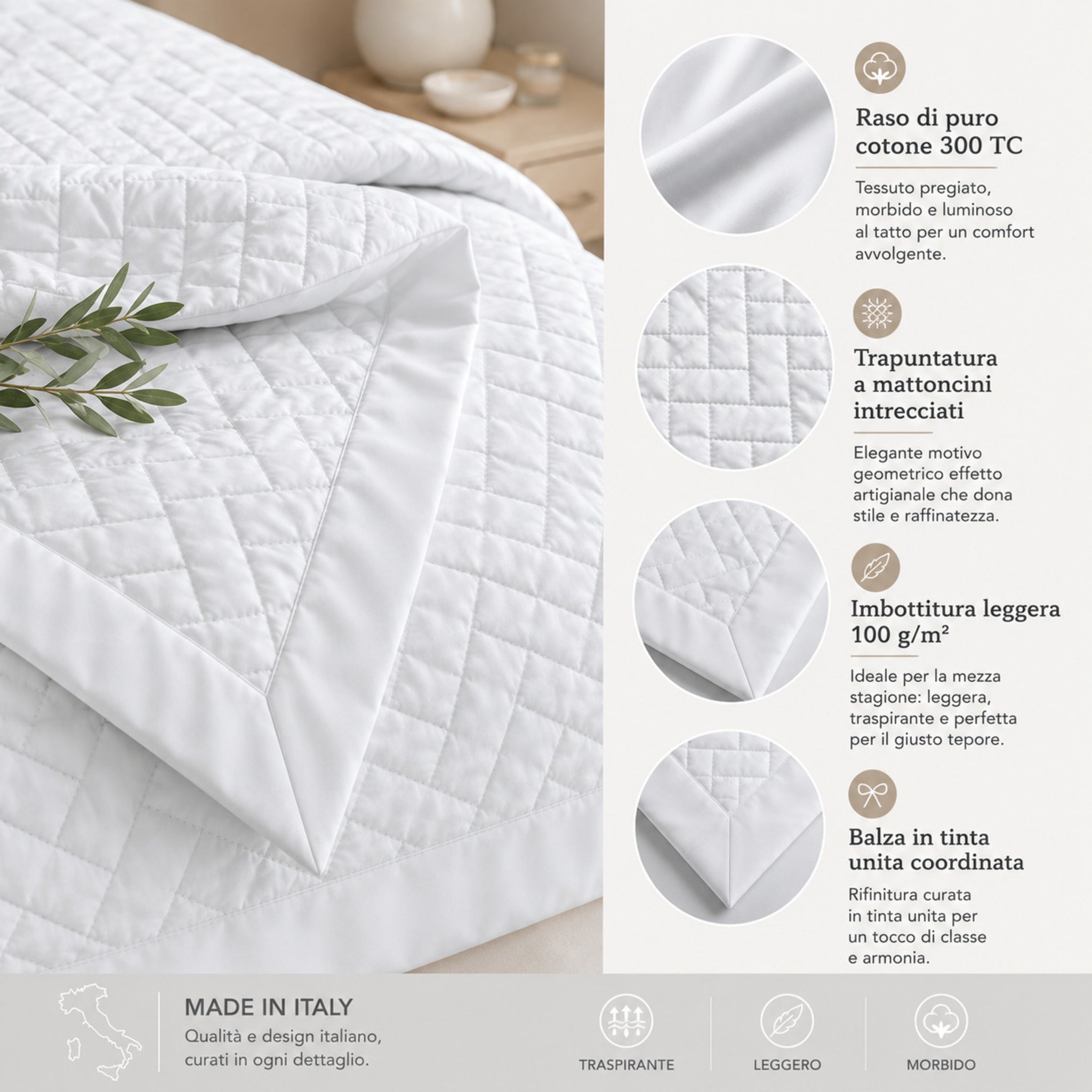 Dettagli tessuto e trapuntatura copriletto Rebecca Home Helen bianco in raso di cotone 300 TC