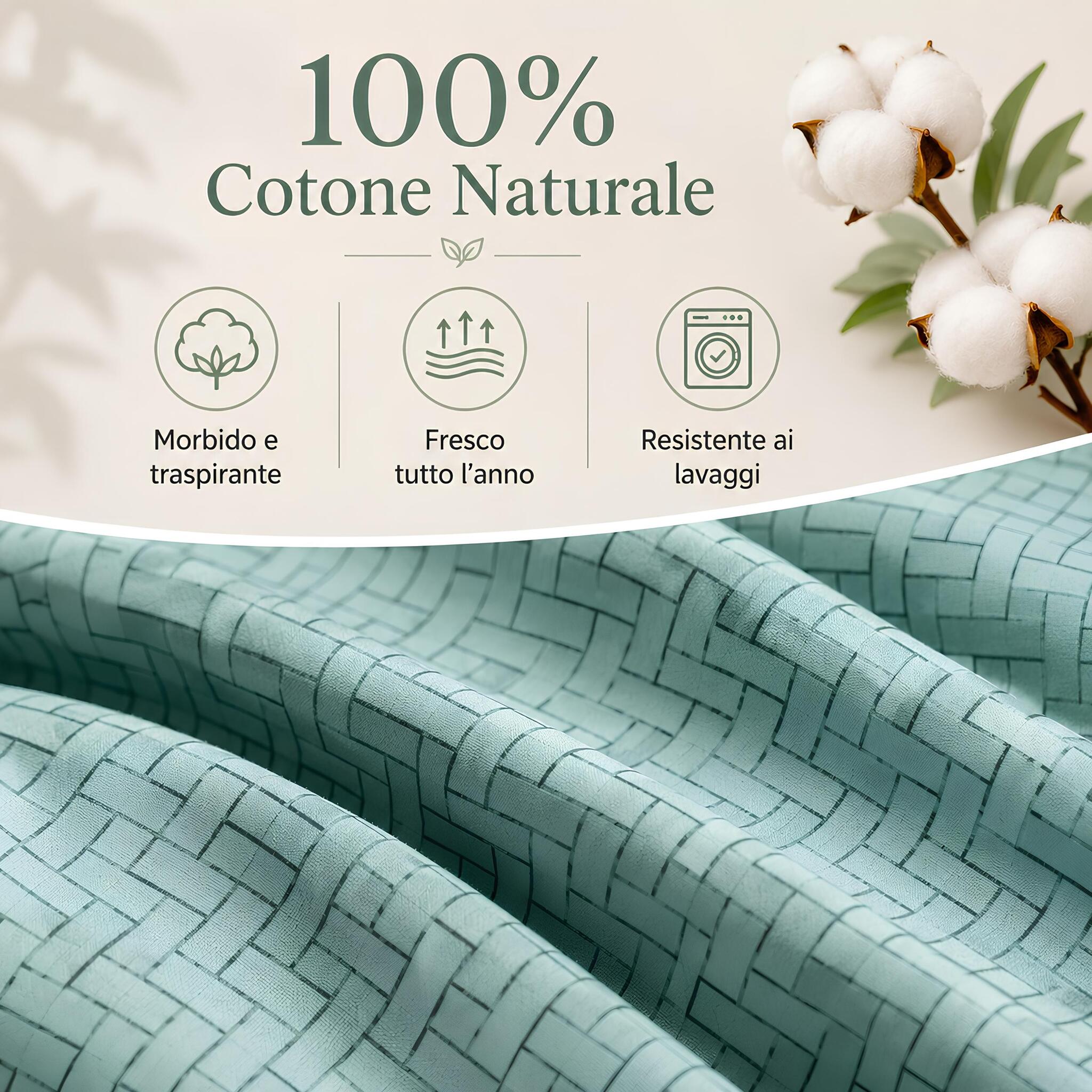 Infografica del completo lenzuola matrimoniale Zambaiti Simme in cotone naturale morbido e traspirante