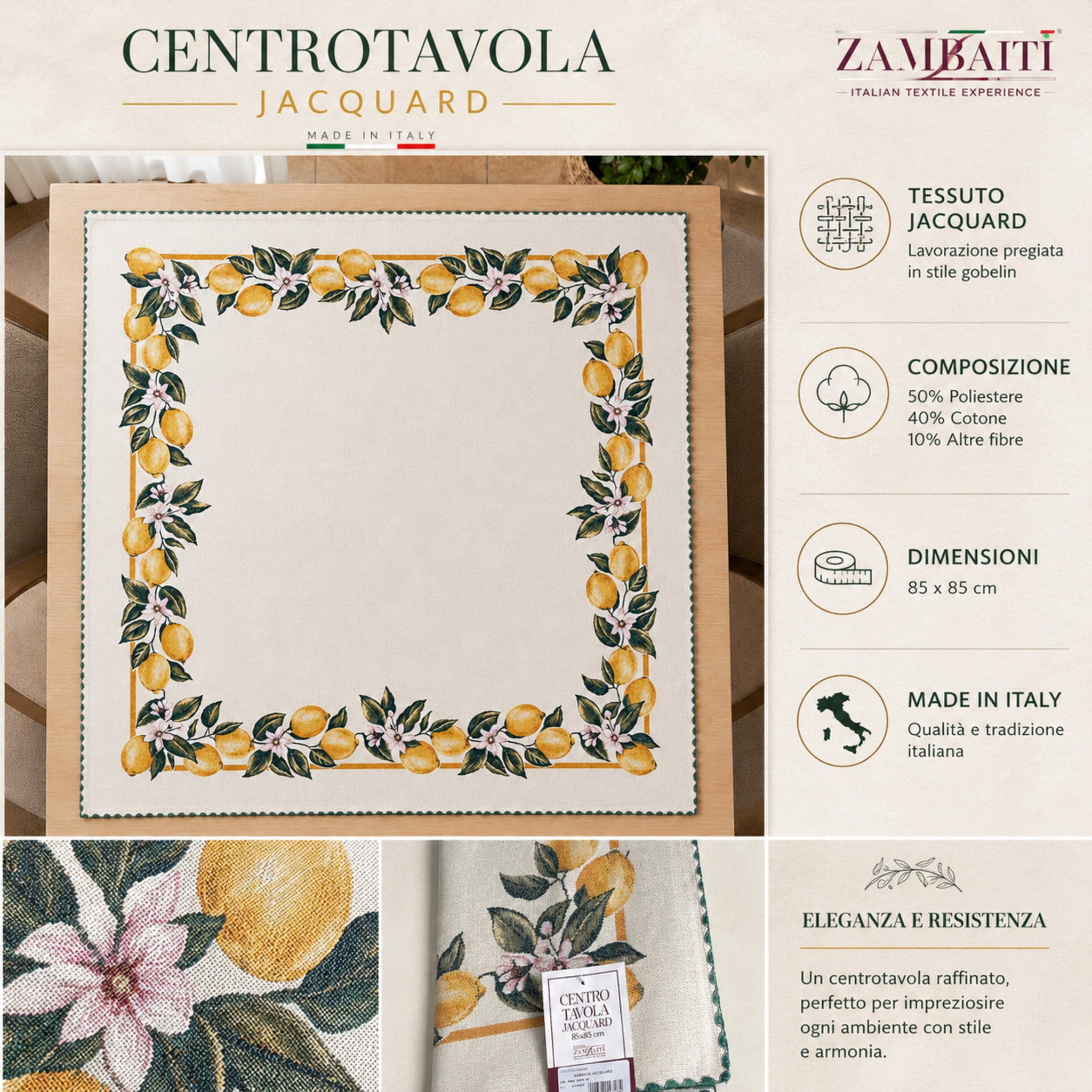 Infografica centrotavola gobelin jacquard Zambaiti 85x85 cm fantasia mediterranea