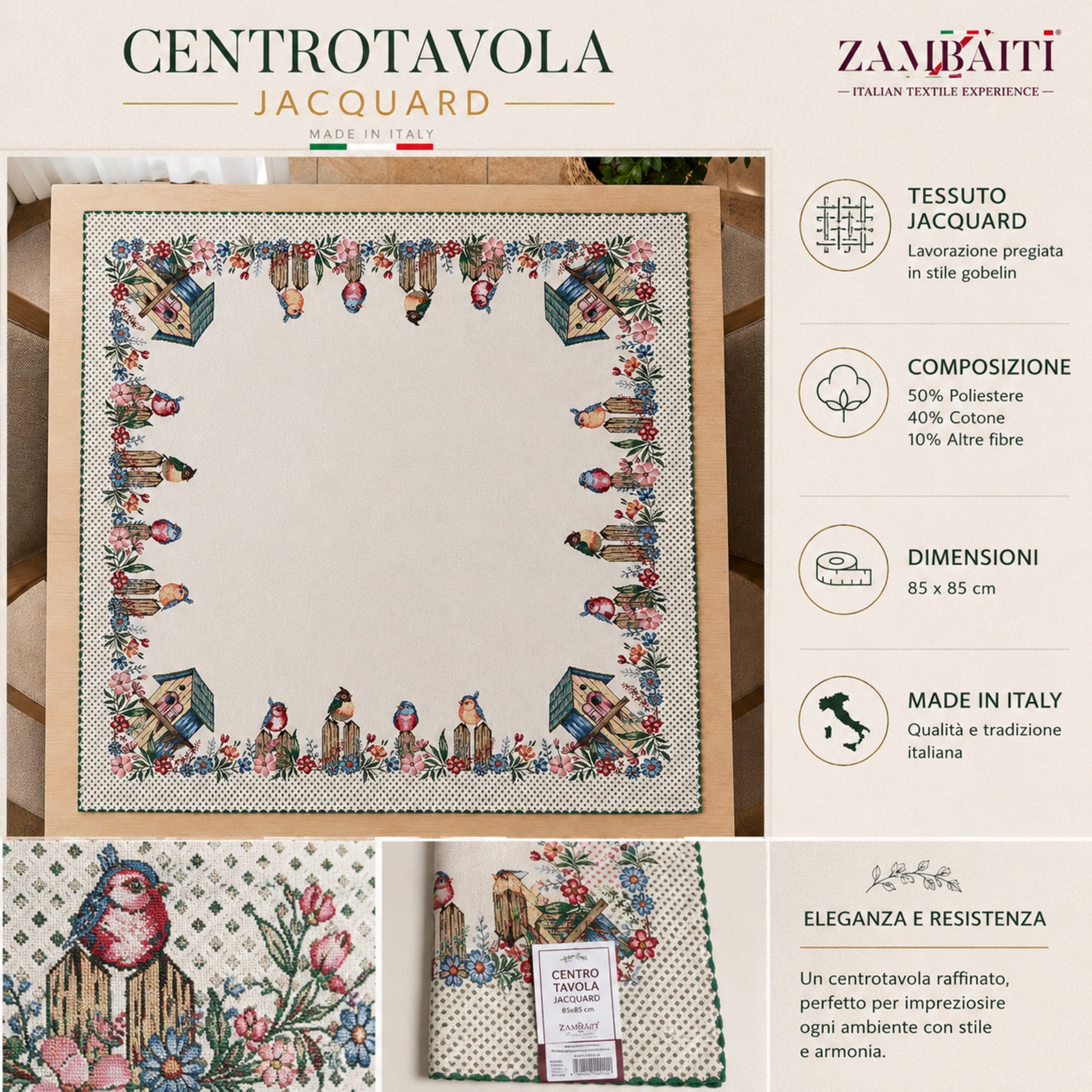 Infografica centrotavola gobelin jacquard Zambaiti fantasia romantica con uccellini