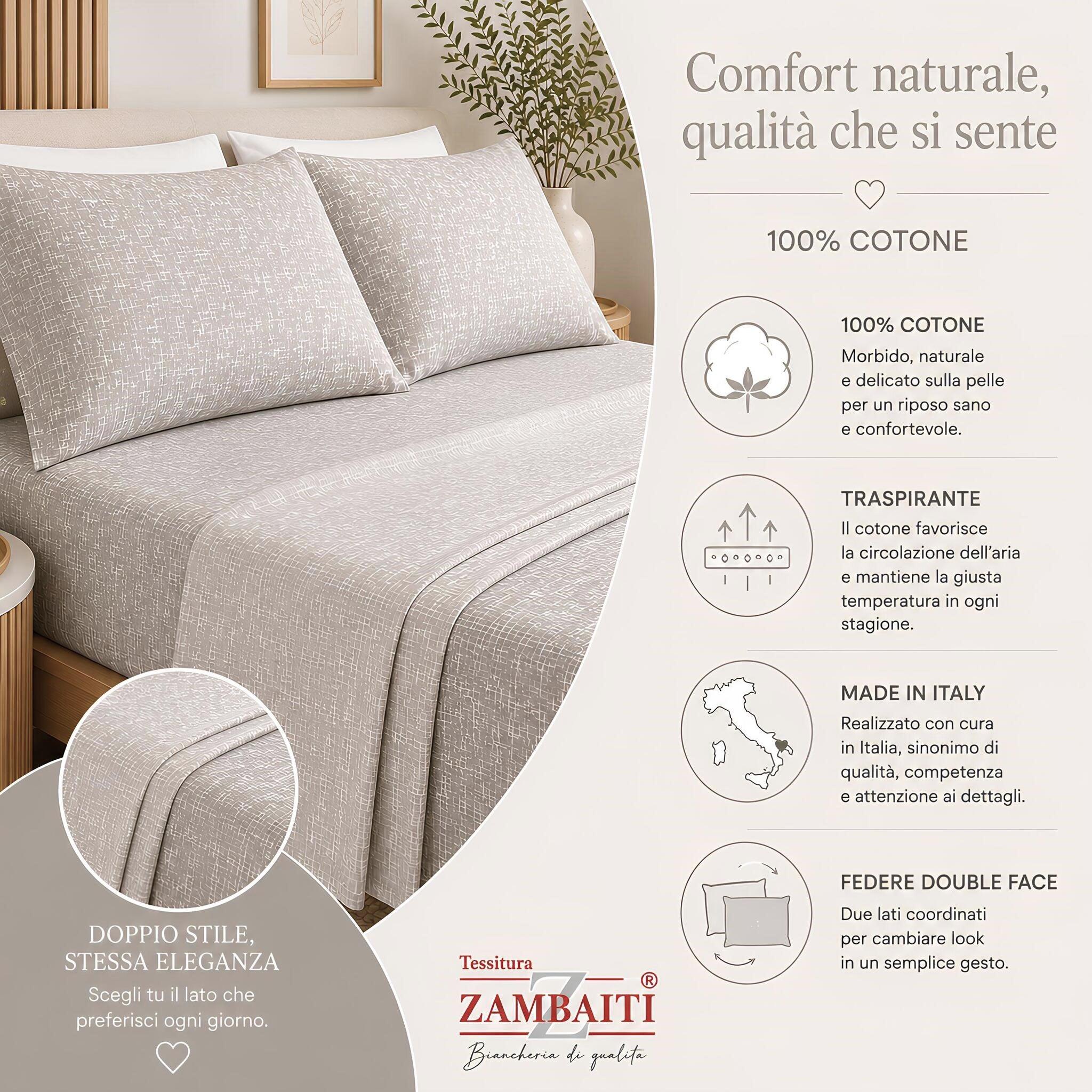 Infografica completo lenzuola matrimoniale Zambaiti Climp in 100% cotone naturale traspirante tortora