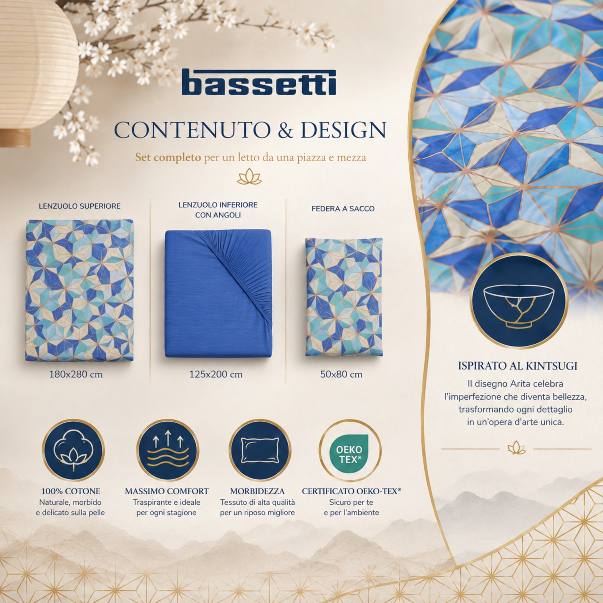 Contenuto del completo lenzuola Bassetti Arita una piazza e mezza con misure del set.