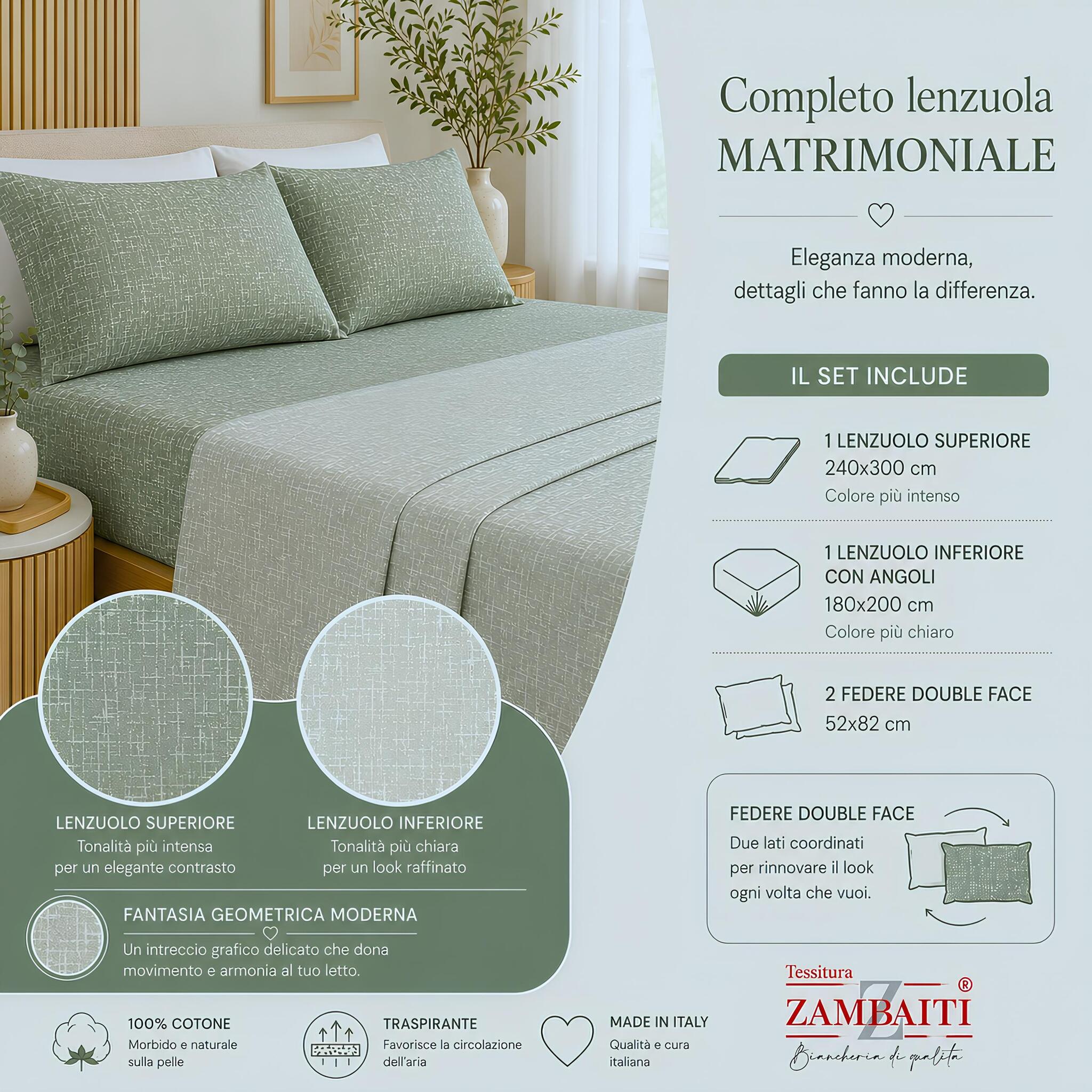 Infografica con contenuto del set matrimoniale Zambaiti Climp composto da lenzuolo sopra, sotto con angoli e due federe oliva