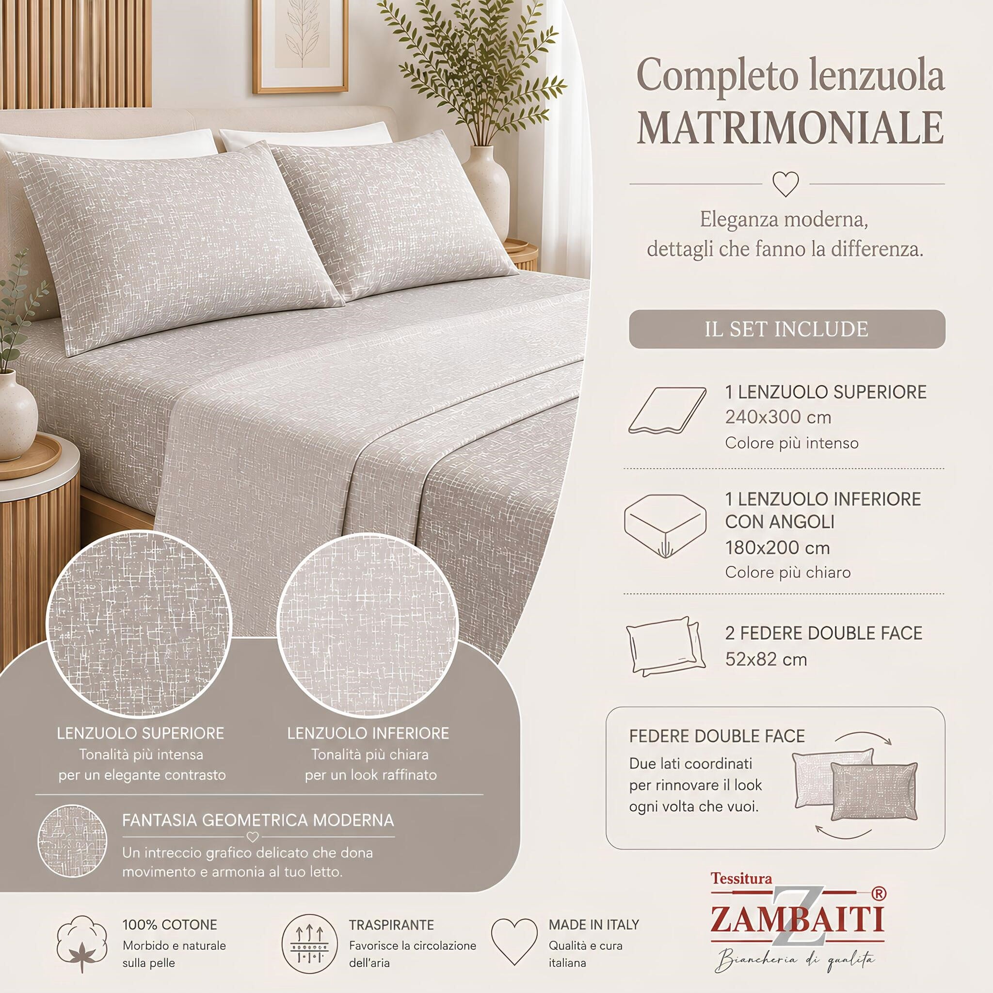 Infografica con contenuto del set matrimoniale Zambaiti Climp composto da lenzuolo sopra, sotto con angoli e due federe tortora