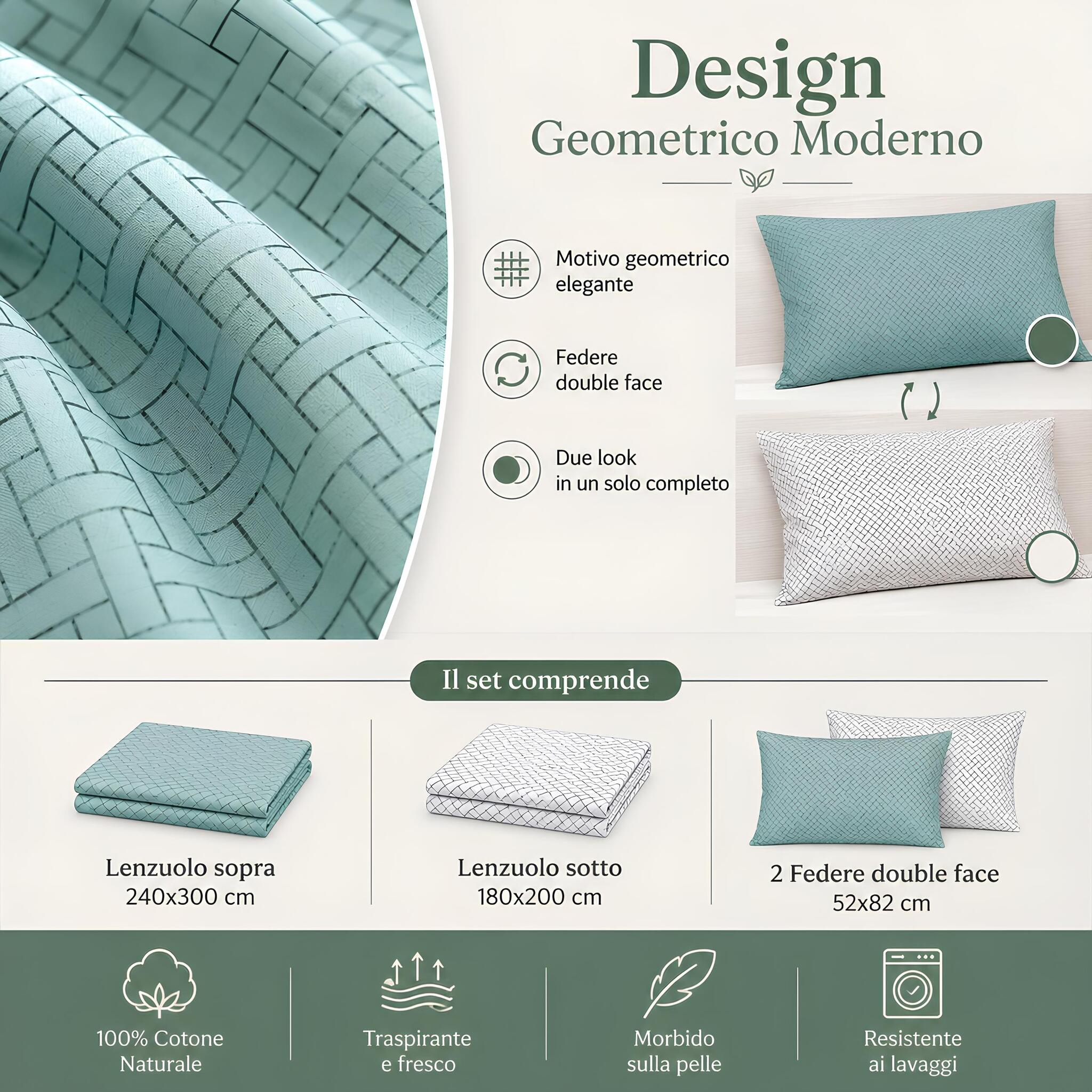 Infografica del design geometrico moderno del completo lenzuola matrimoniale Zambaiti Simme